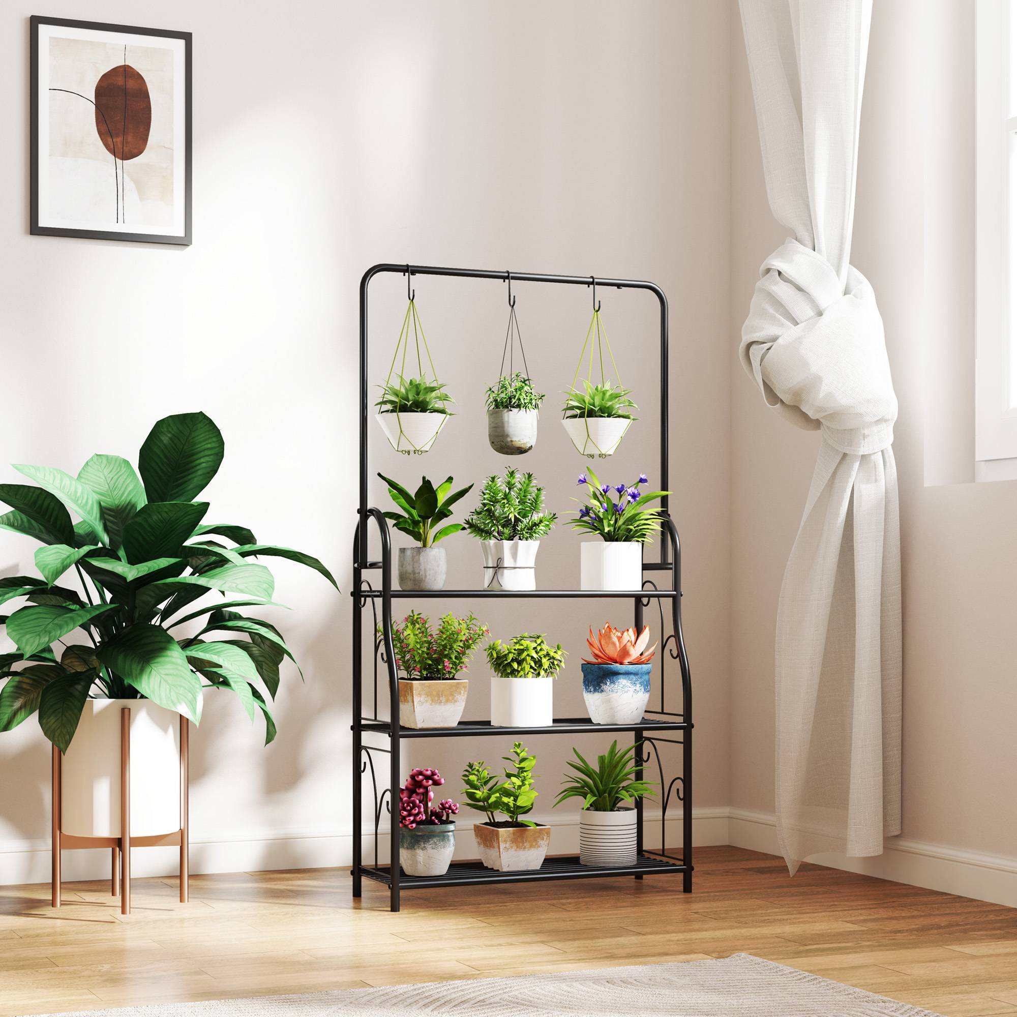 Étagère à plantes 3 niveaux métal intérieur extérieur crochets 75x25x137 cm noir - ComfortXL Outdoor Living - Image 9