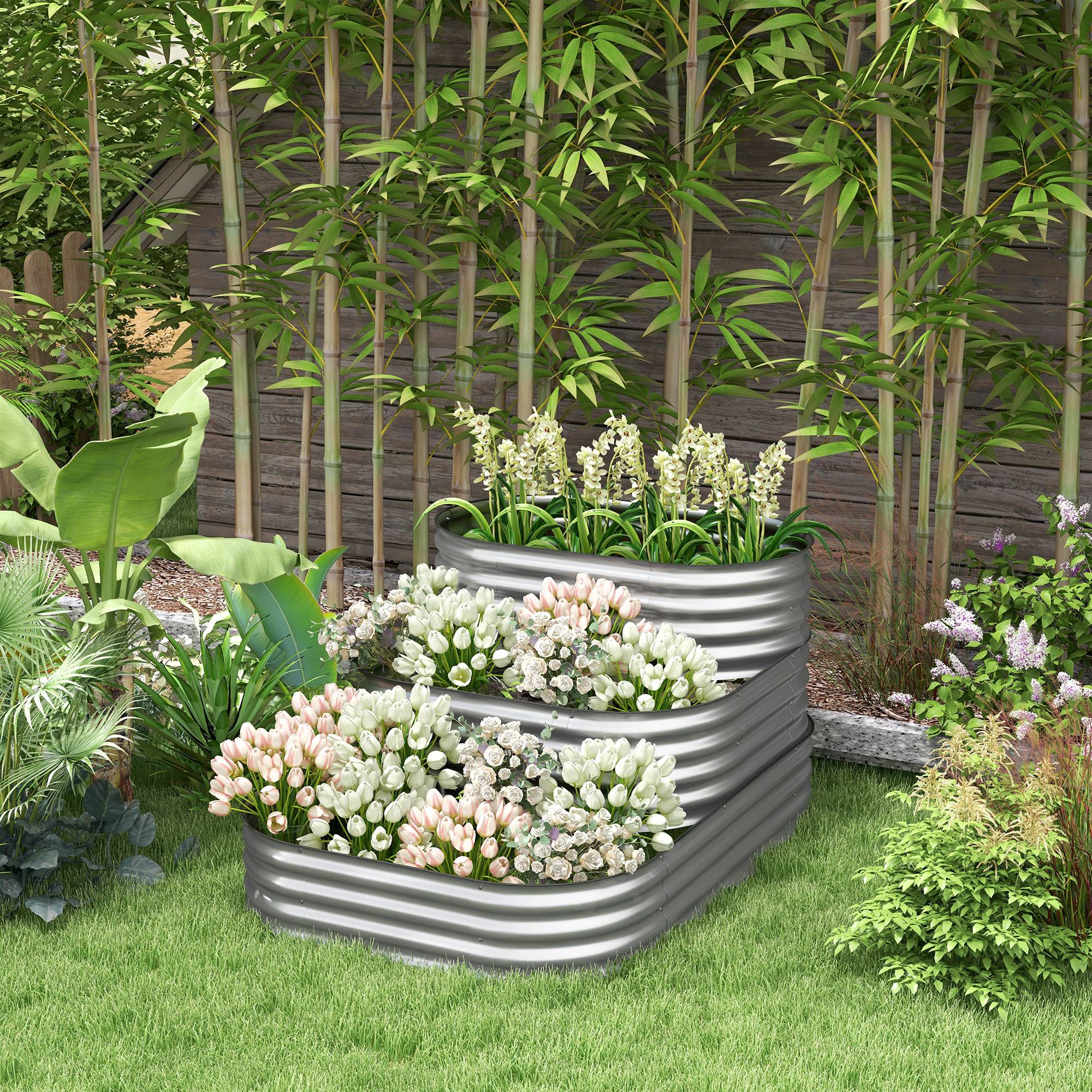 Sans Marque - Jardinière surélevée support fleurs extérieur bac 3 niveaux 158x109x82 cm argent - Image 3