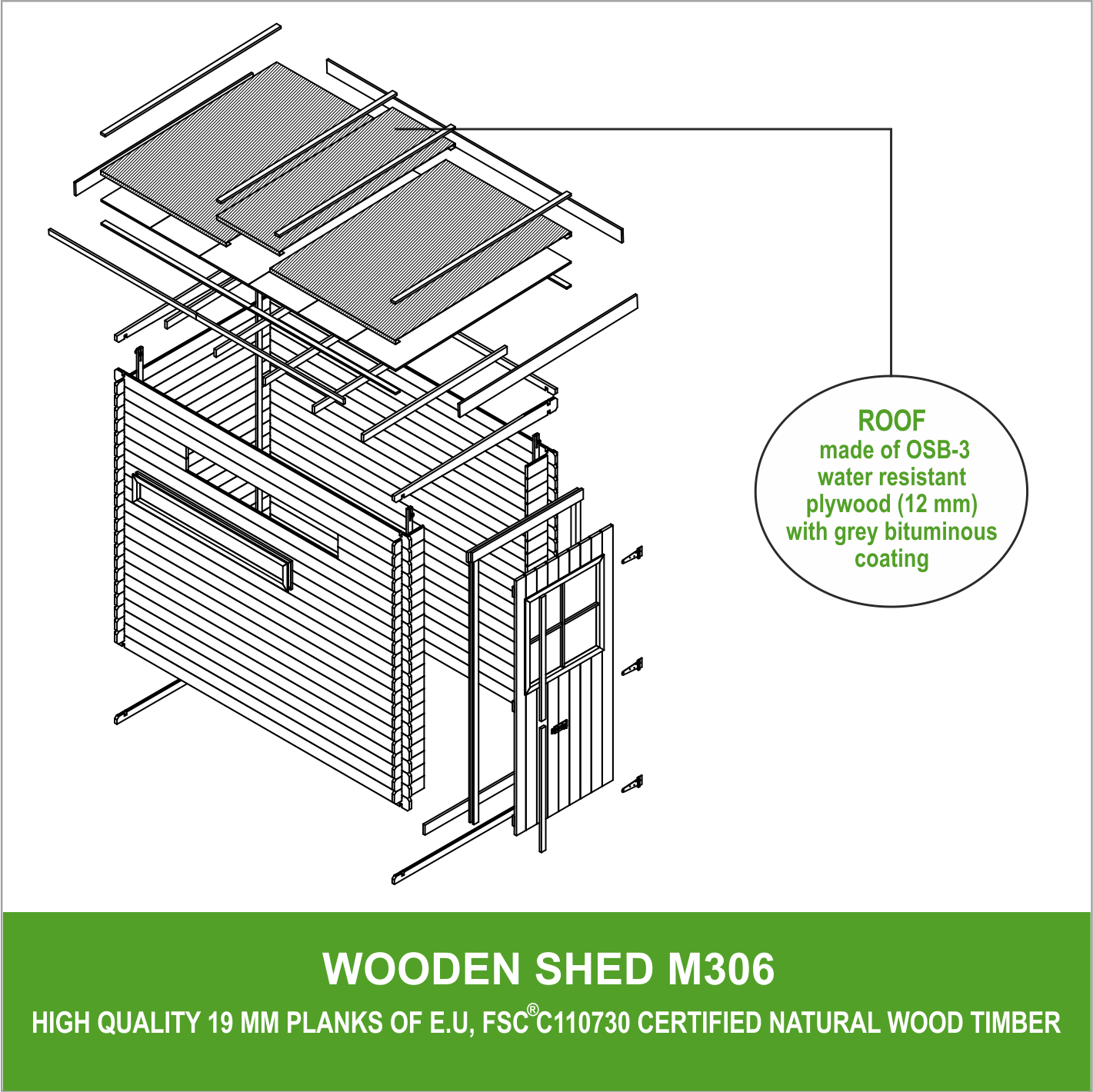 Timbela - Abri de jardin en bois l239xL144xH198 cm/2.63 m² - Stockage extérieur - Petit abri à outils, Local à vélos -  19 mm d’épaisseur - Timbela M306 - Image 7