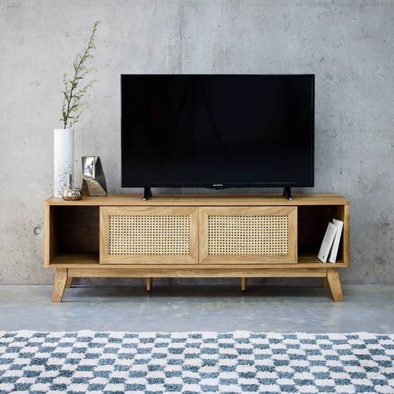 sweeek - Meuble TV portes coulissantes. casier fermé. étagère décor bois et cannage 150cm | sweeek - Image 3