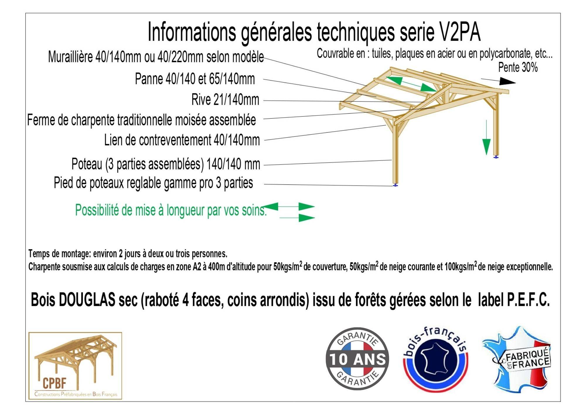 Cpbf Charpentes - Carport Bois Douglas Français 30m² – 2 pentes adossé – 4 poteaux – Abri voiture extérieur – Garantie 10 ans - Image 4