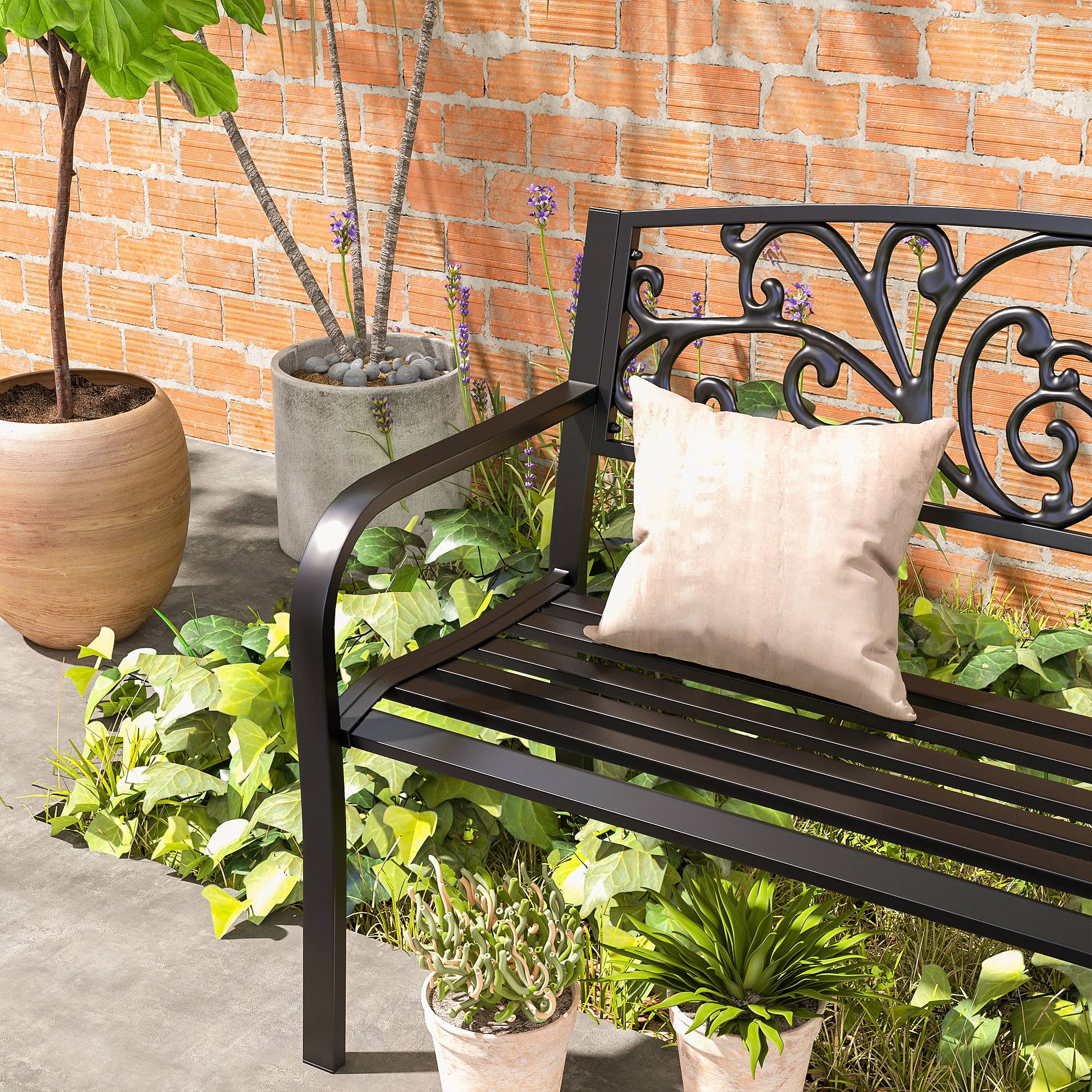 ComfortXL - Banc de jardin acier noir 127 x 60 x 87 cm 2 places dossier floral extérieur terrasse charge max 240 kg - Image 9