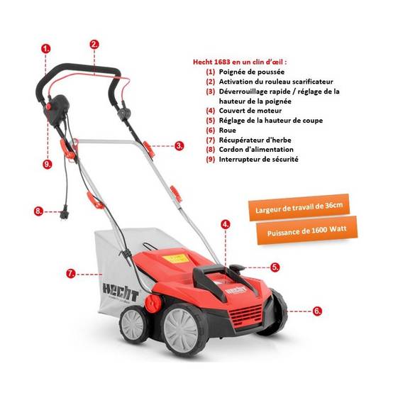 Hecht 1683 Scarificateur aérateur électrique 2en1 1600W 8 couteaux doubles 24griffres avec profondeur réglable - Image 2