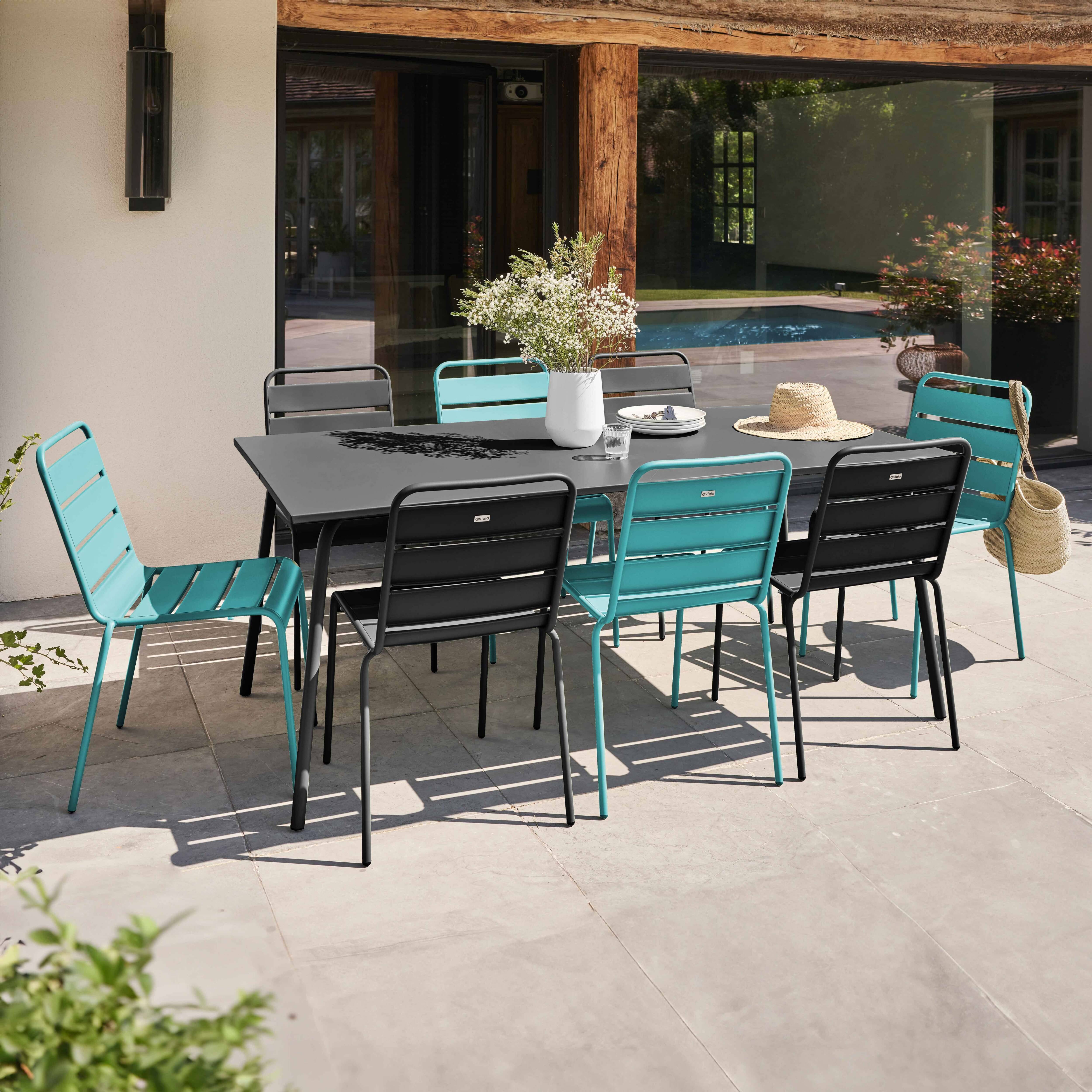 Oviala - Ensemble table de jardin et 8 chaises en métal gris et turquoise Palavas - Oviala - Image 2
