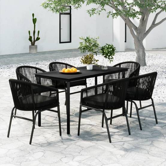 Salon de Jardin 6P 140cm Rotin PVC avec Coussins Inclus Noir – ComfortXL Outdoor Living - Image 1