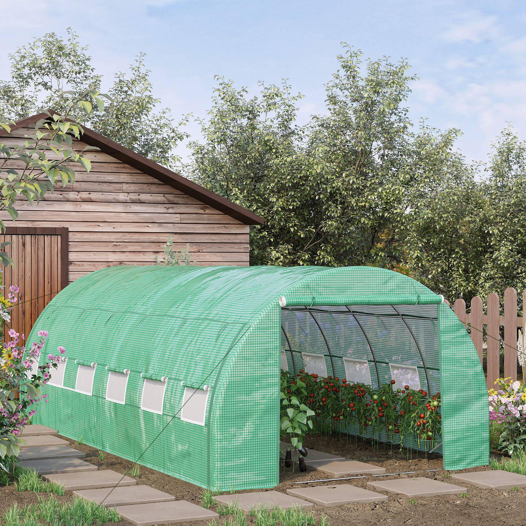 Sans Marque - Serre de jardin serre tunnel 18 m² avec porte, parois latérales enroulables 12 fenêtres acier PE 4 x 3 x 2 m vert - Image 3