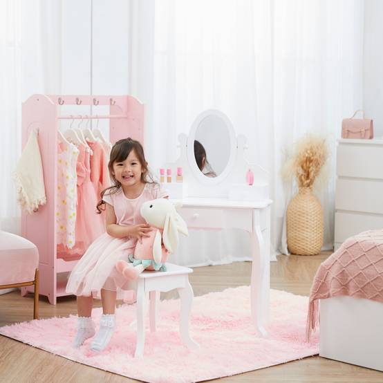 Coiffeuse de jeu moyenne avec tabouret en bois, blanche Teamson Kids - Image 2