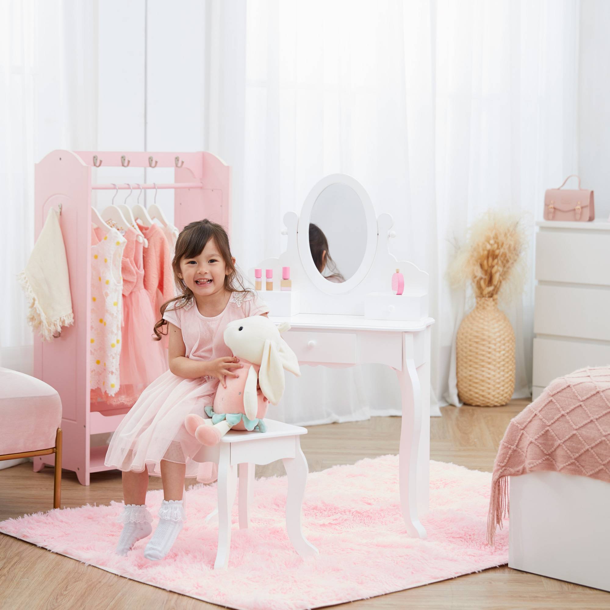 Coiffeuse de jeu moyenne avec tabouret en bois, blanche Teamson Kids - Image 2