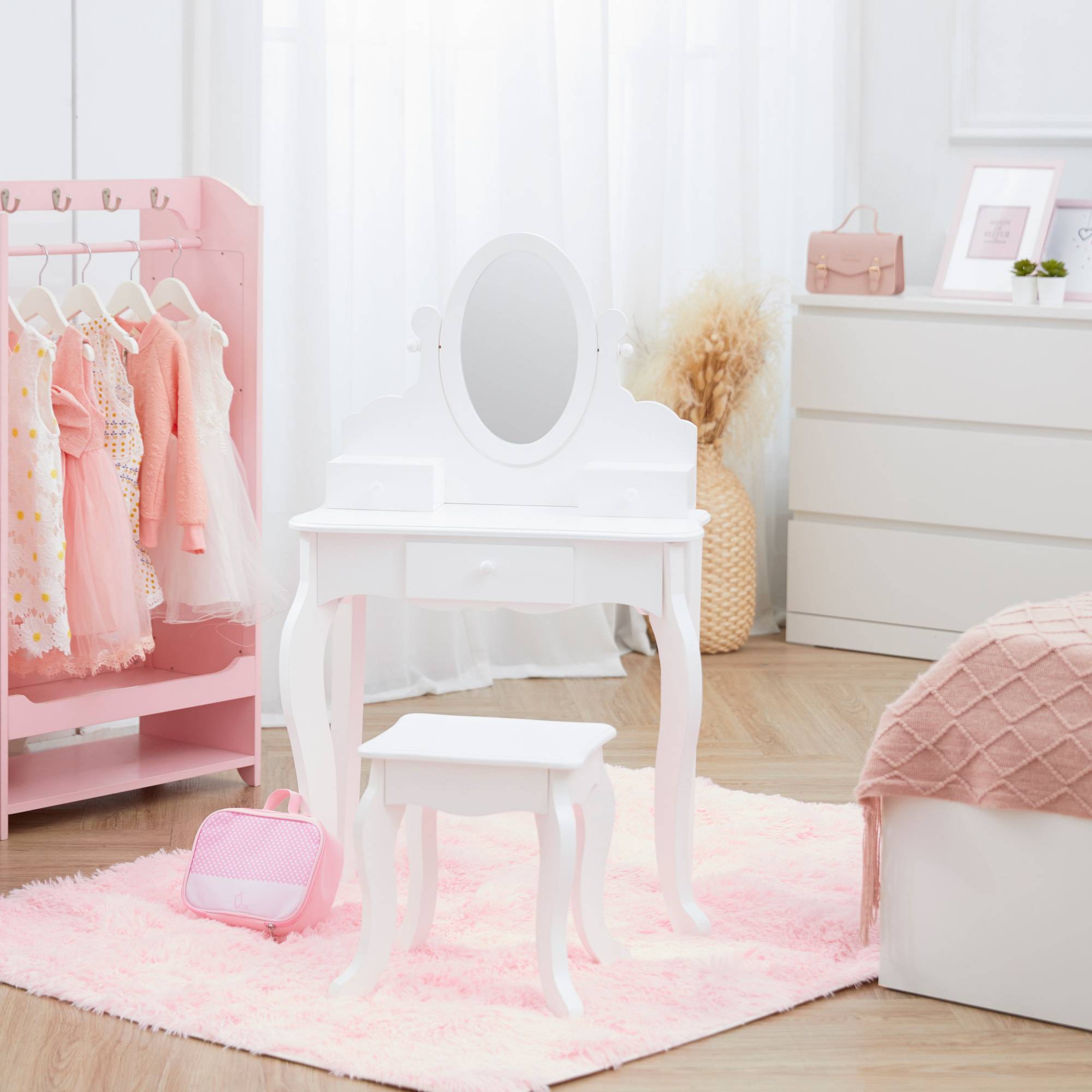 Coiffeuse de jeu moyenne avec tabouret en bois, blanche Teamson Kids - Image 3