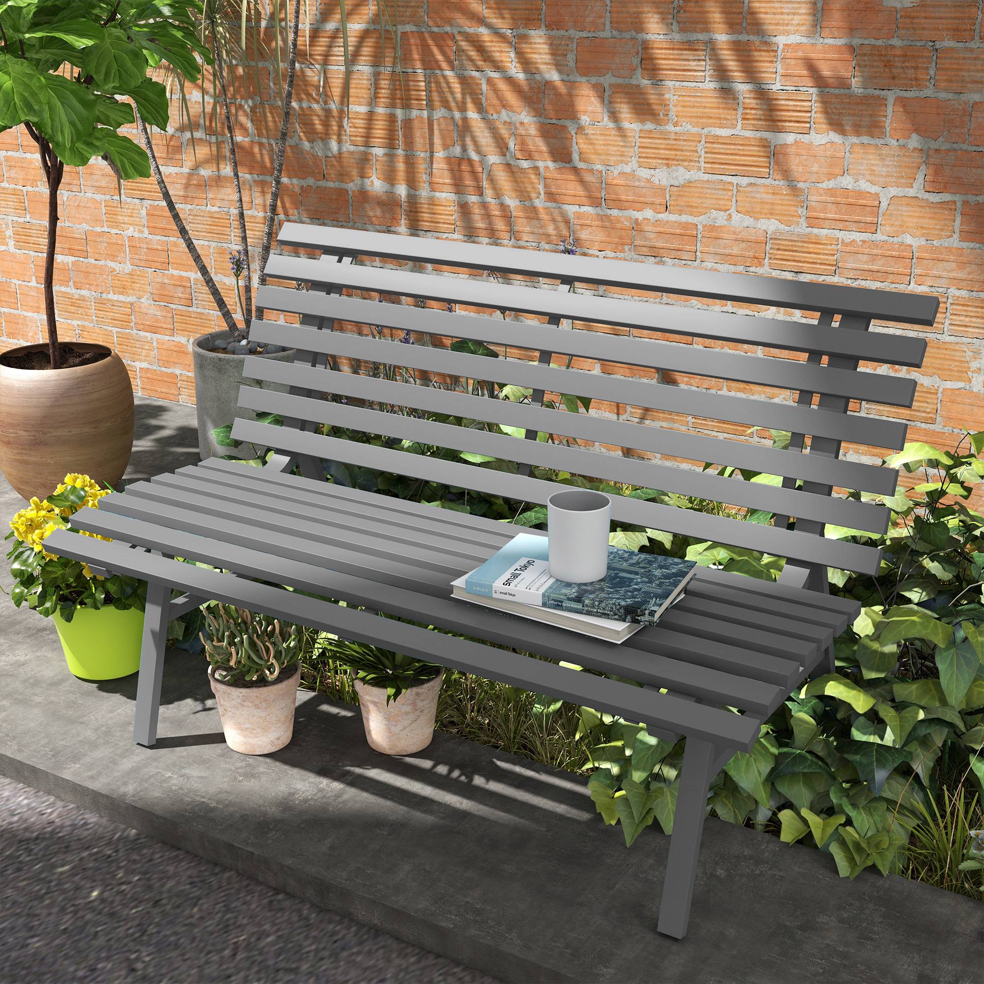 Banc de parc biplace en aluminium gris dimensions 123x67x79cm avec dossier pour balcon terrasse et jardin - Image 2