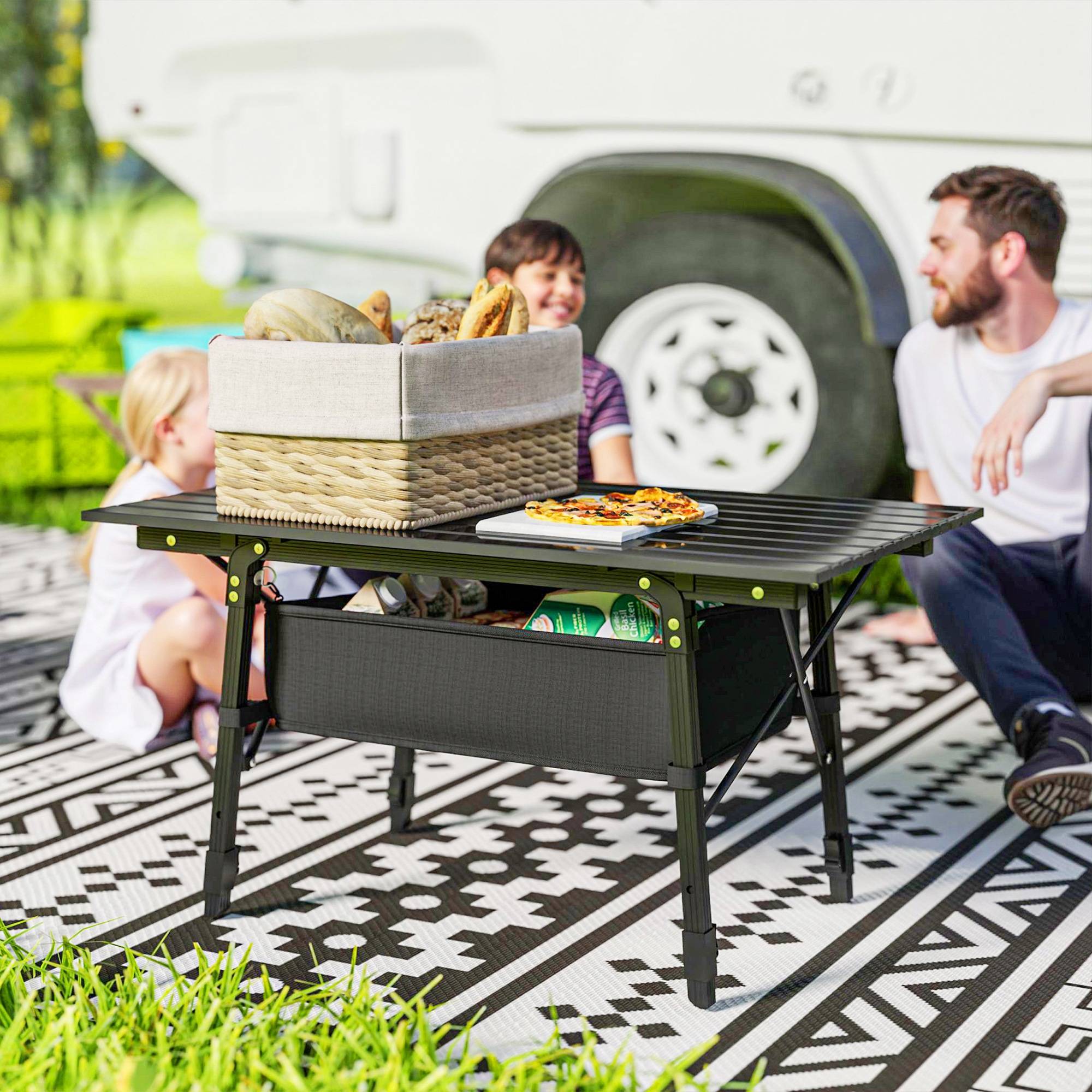 Anbte Table De Camping Pliable – 64x40 Cm – 2 Hauteurs (44/70 Cm) – Aluminium Étanche – Panier De Rangement – Supporte 45 Kg – Sac De Transport – Noire – BBQ, Pique-nique
