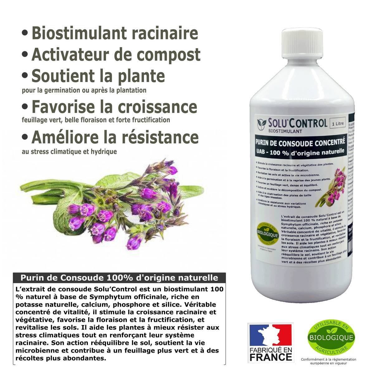SOLU'CONTROL - Purin de Consoude - 1L Concentré Biostimulant Racinaire, Favorise la Croissance et la Floraison - Image 3