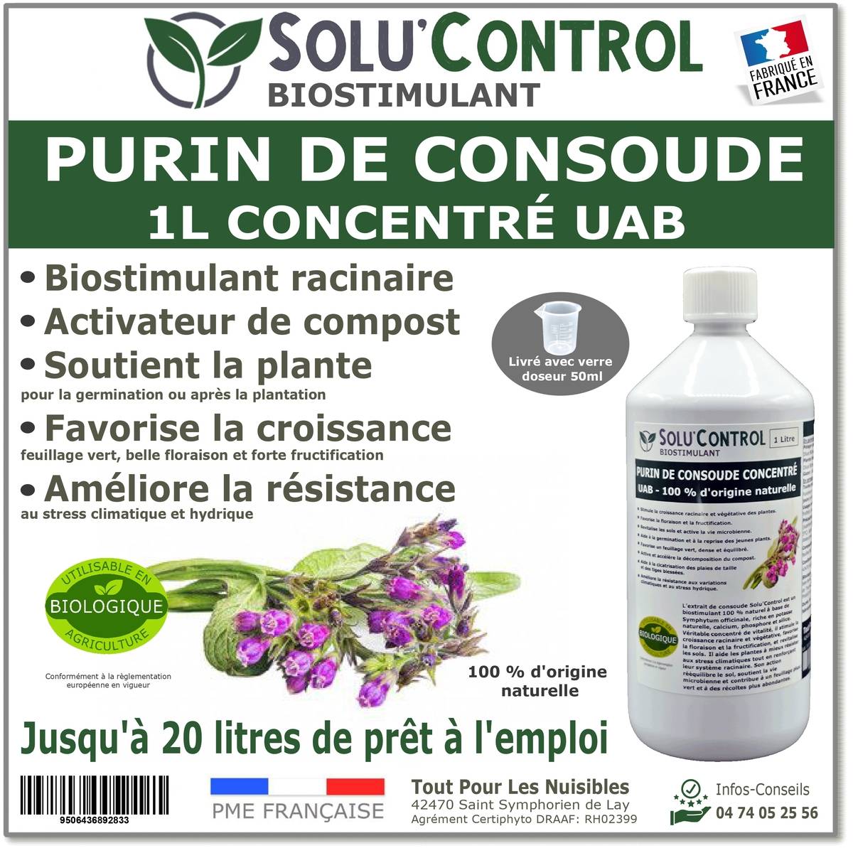 SOLU'CONTROL - Purin de Consoude - 1L Concentré Biostimulant Racinaire, Favorise la Croissance et la Floraison - Image 1