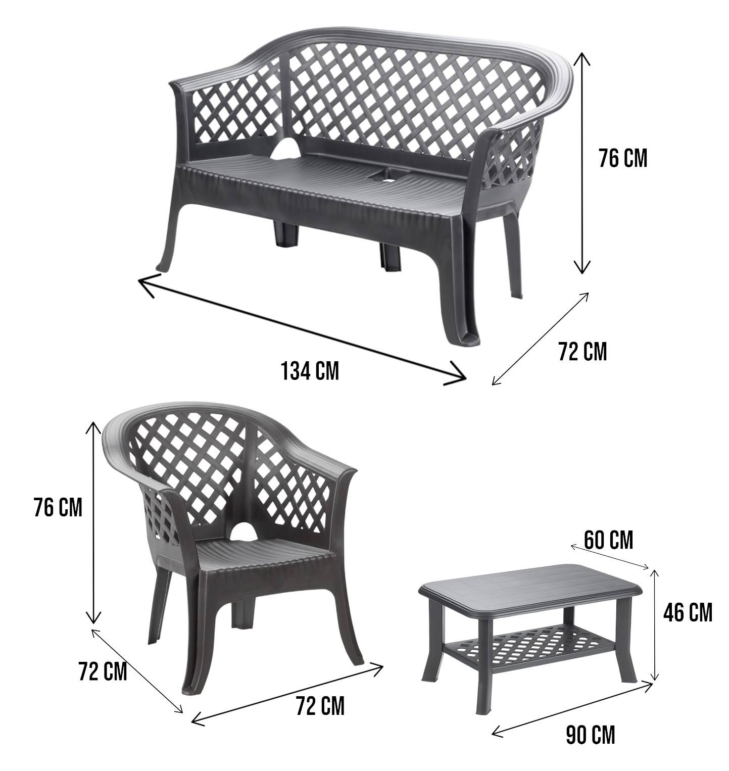 Dmora - Salon d'extérieur Dante, Composition de jardin avec 2 fauteuils, 1 banc et 1 table basse, Salon intérieur et extérieur, Anthracite - Dmora - Image 3