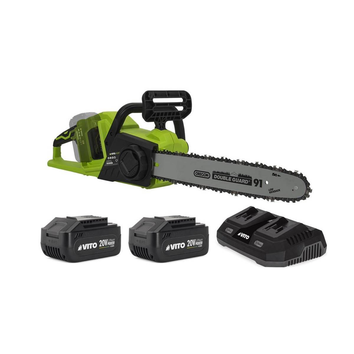 Tronçonneuse sans fil 40V + 2 batteries lithium 4Ah Guide Oregon lame 35 cm Moteur brushless + Chargeur double Rapide VITO