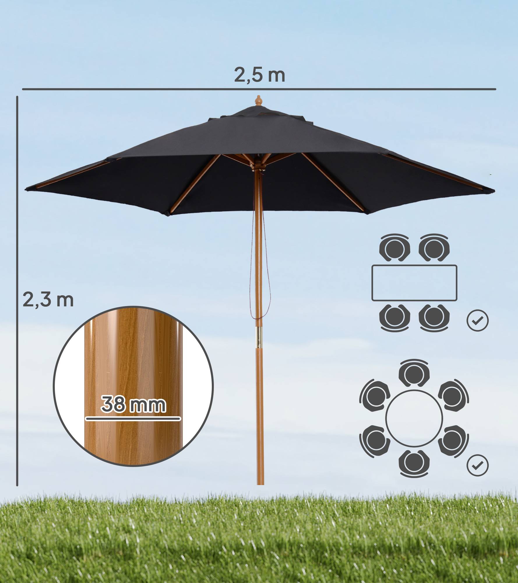 Parasol de jardin extérieur parasol droit double toit Hexagonal - Ø 2,5 x 2,3m Bois Noir fr146 - Image 5