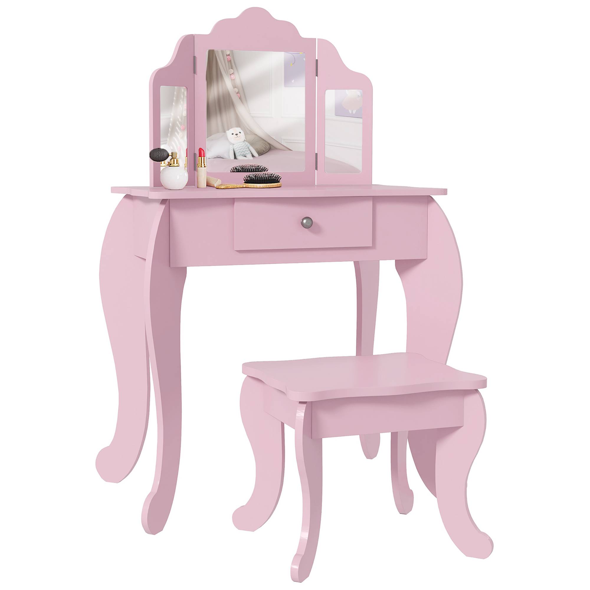 Sans Marque - Tavolo da Trucco per Bambini con Sgabello e Triplo Specchio, en Legno e Acrilico, 63x40x85,5 cm, Rose - Image 1