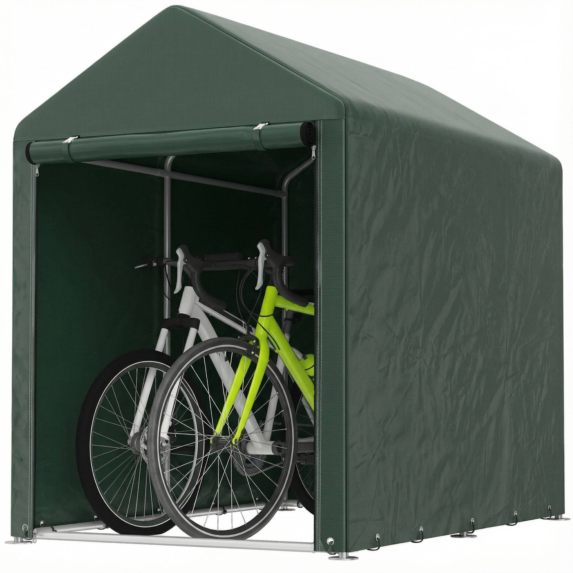 Abri de jardin pour vélos 1,2 x 1,8 x 1,65 m, 2 compartiments, porte zippée, imperméable, anti-UV, vert - Image 1