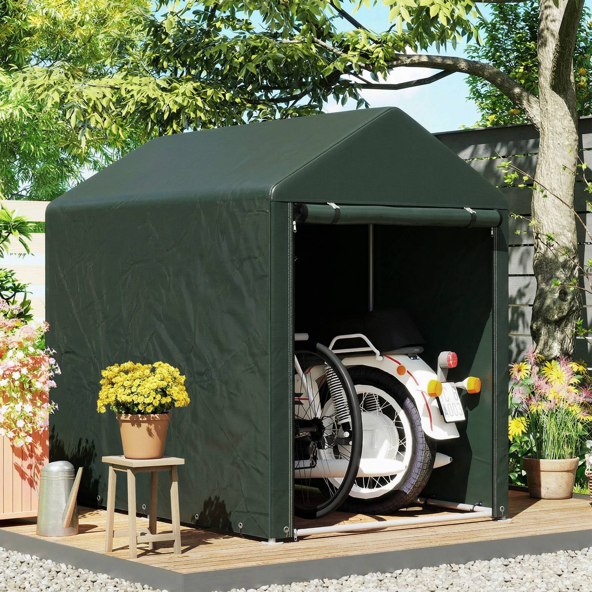 Abri de jardin pour vélos 1,2 x 1,8 x 1,65 m, 2 compartiments, porte zippée, imperméable, anti-UV, vert - Image 9