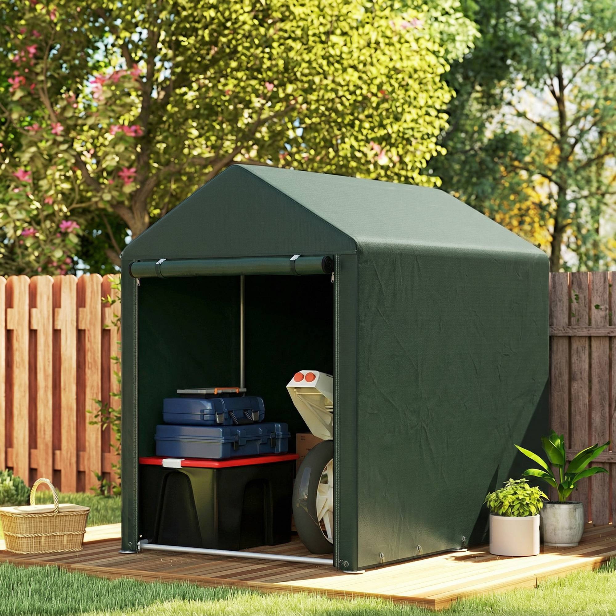 Abri de jardin pour vélos 1,2 x 1,8 x 1,65 m, 2 compartiments, porte zippée, imperméable, anti-UV, vert - Image 3
