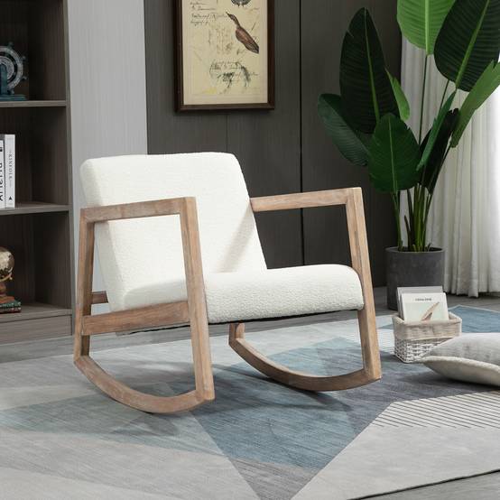 Sans Marque - Fauteuil à bascule fauteuil allaitement rocking chair en tissu effet laine bouclée avec pieds en bois massif - Image 3