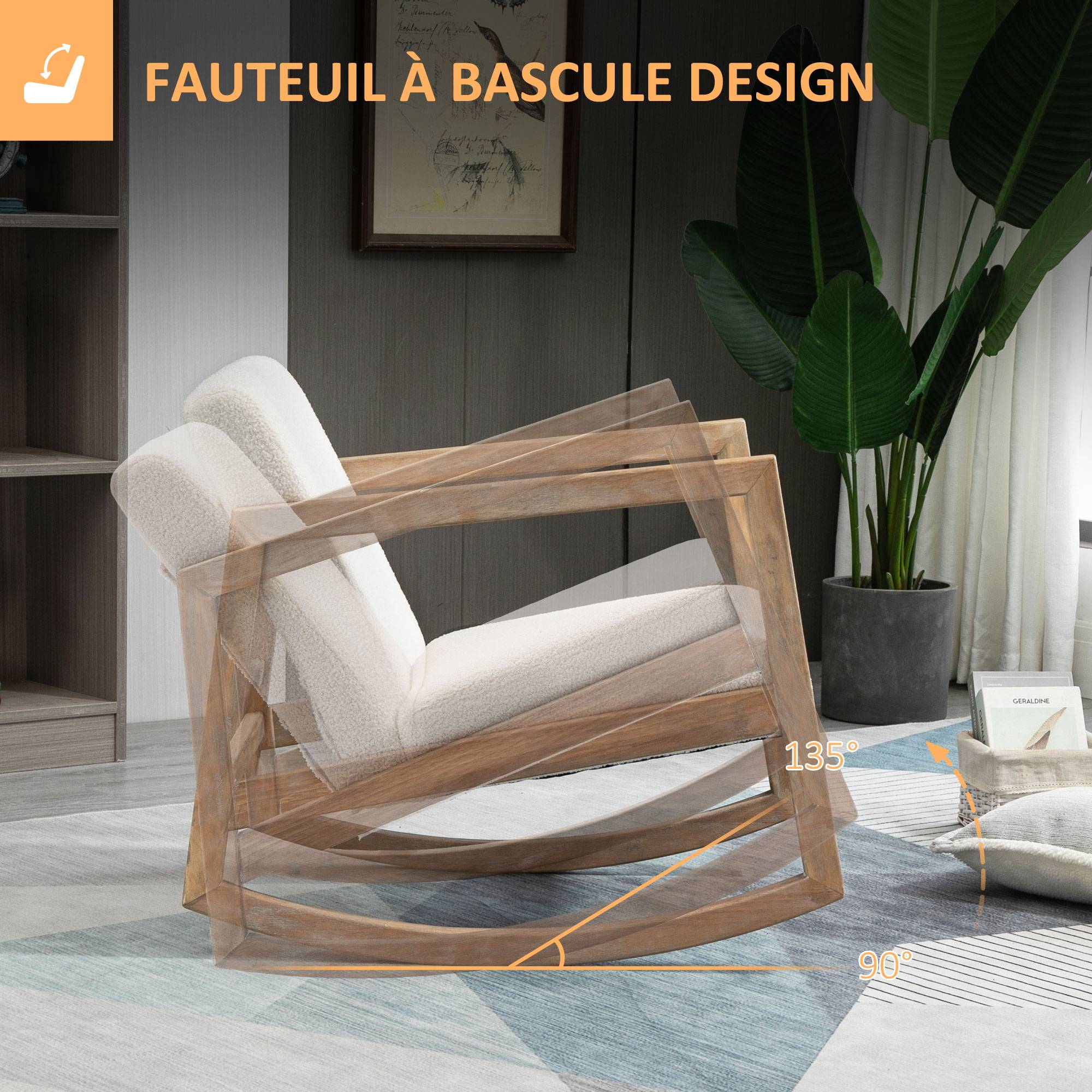 Sans Marque - Fauteuil à bascule fauteuil allaitement rocking chair en tissu effet laine bouclée avec pieds en bois massif - Image 6