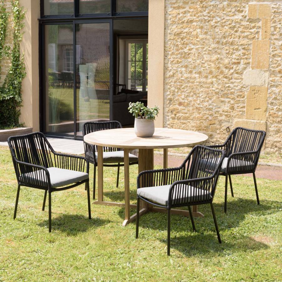 Macabane - MALO - SALON DE JARDIN 4 PERS. - 1 Table ronde 120x120cm et 4 fauteuils noirs et gris en cordage - Image 2