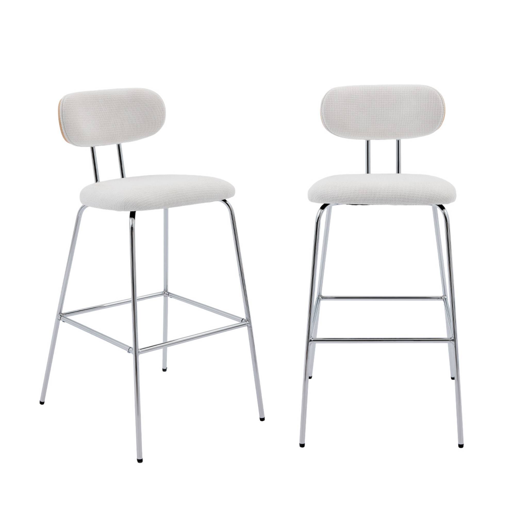 sweeek - 2 tabourets de bar décor bois courbé teinté chêne et tissu déperlant blanc. pieds métal chromé (lot de 2) - L 48 x P 54 x H 103cm - Erin | sweeek - Image 2