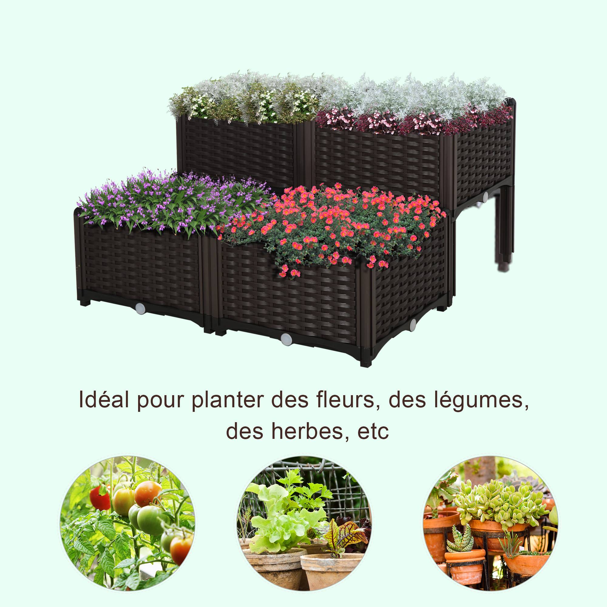 Sans Marque - Jardinière sur Pieds carré Potager 2 étages dim. 80L x 80l x 44H cm Insert d'irrigation Plastique Imitation rotin tressé Chocolat - Image 8