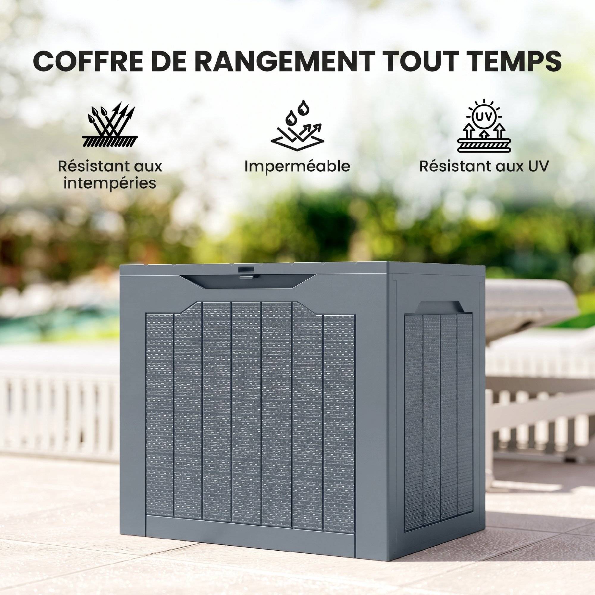 Coffre de Rangement Extérieur 97L avec Poignées Encastrées, Malle de Rangement Extérieur Étanche, 56x41x50cm, Gris Clair - Image 9