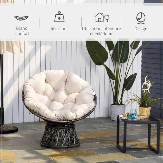Fauteuil papasan pivotant Résine tressée Jardin Véranda Coussin épais 97cm Crème - ComfortXL Outdoor Living - Image 6