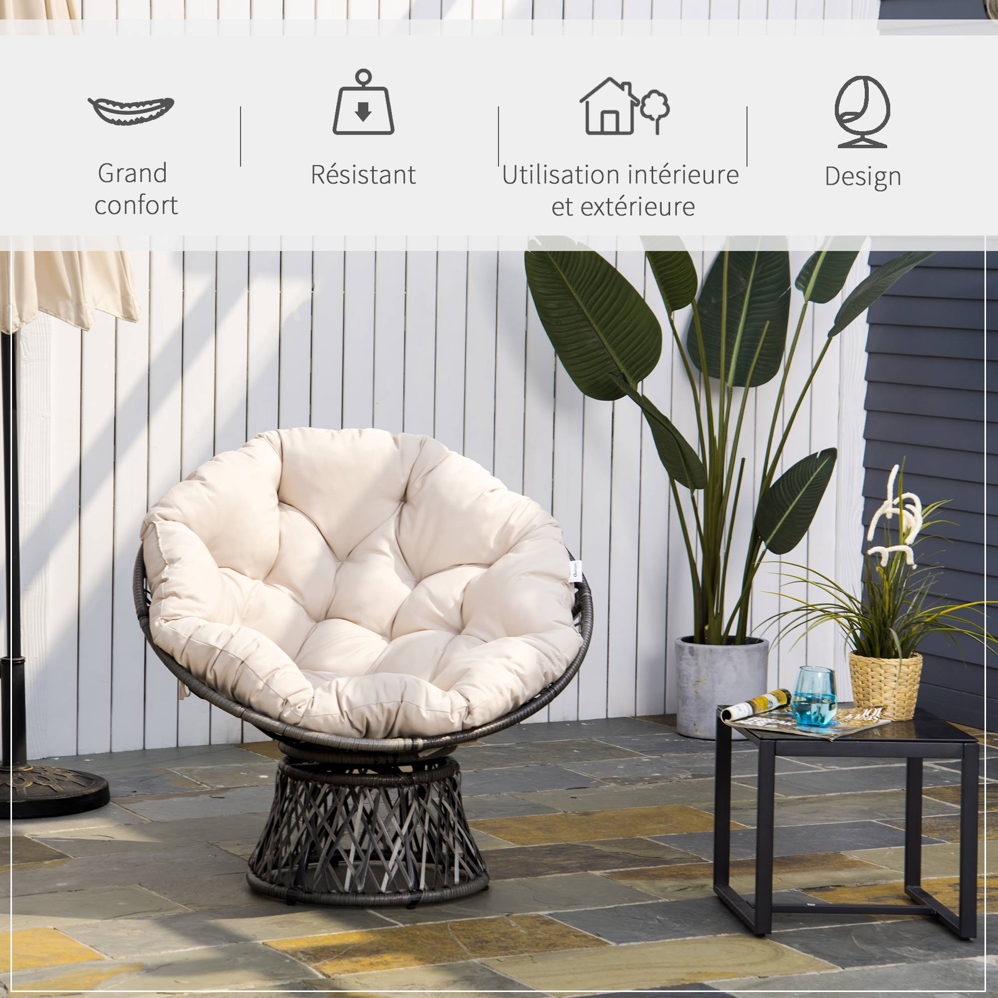 Fauteuil papasan pivotant Résine tressée Jardin Véranda Coussin épais 97cm Crème - ComfortXL Outdoor Living - Image 6