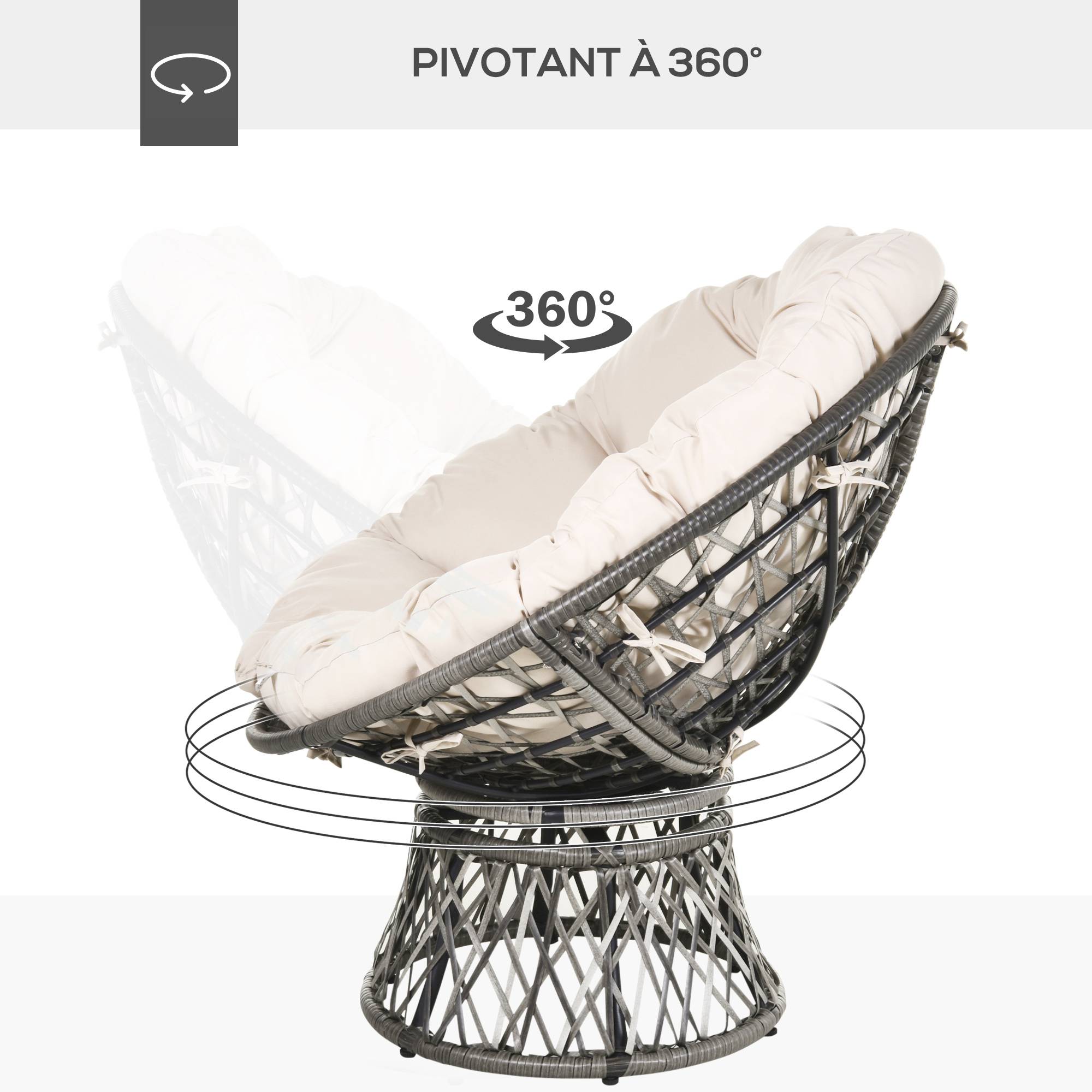 Fauteuil papasan pivotant Résine tressée Jardin Véranda Coussin épais 97cm Crème - ComfortXL Outdoor Living - Image 7