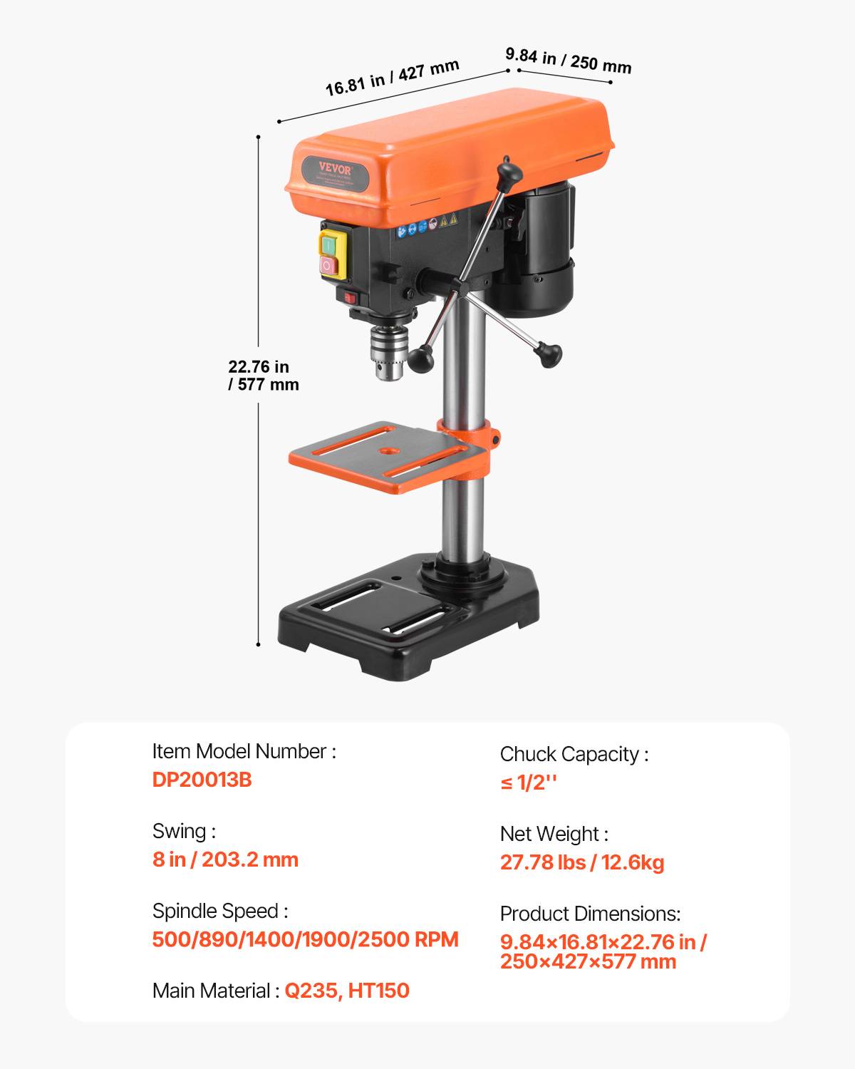 Vevor - VEVOR Perceuse Colonne d'Établi 203,2 mm 500 W 500-2500 tr/min Table Inclinable - Image 7