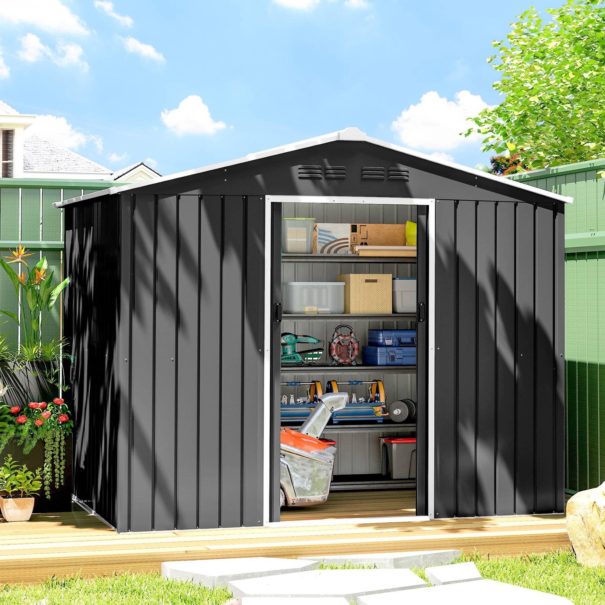 Abri de jardin extérieur 3,6 m² (236 x 171 x 191 cm) avec portes coulissantes et aérations, gris foncé - Image 3