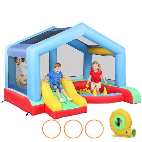 Château gonflable 4 en 1, aire de jeux avec souffleur, toboggan, piscine à balles, jeu de lancer d'anneaux, multicolore - Image 1