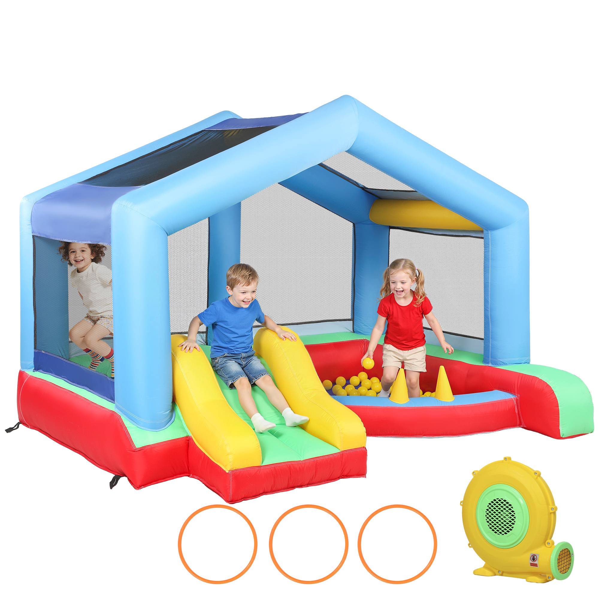 Château gonflable 4 en 1, aire de jeux avec souffleur, toboggan, piscine à balles, jeu de lancer d'anneaux, multicolore - Image 1