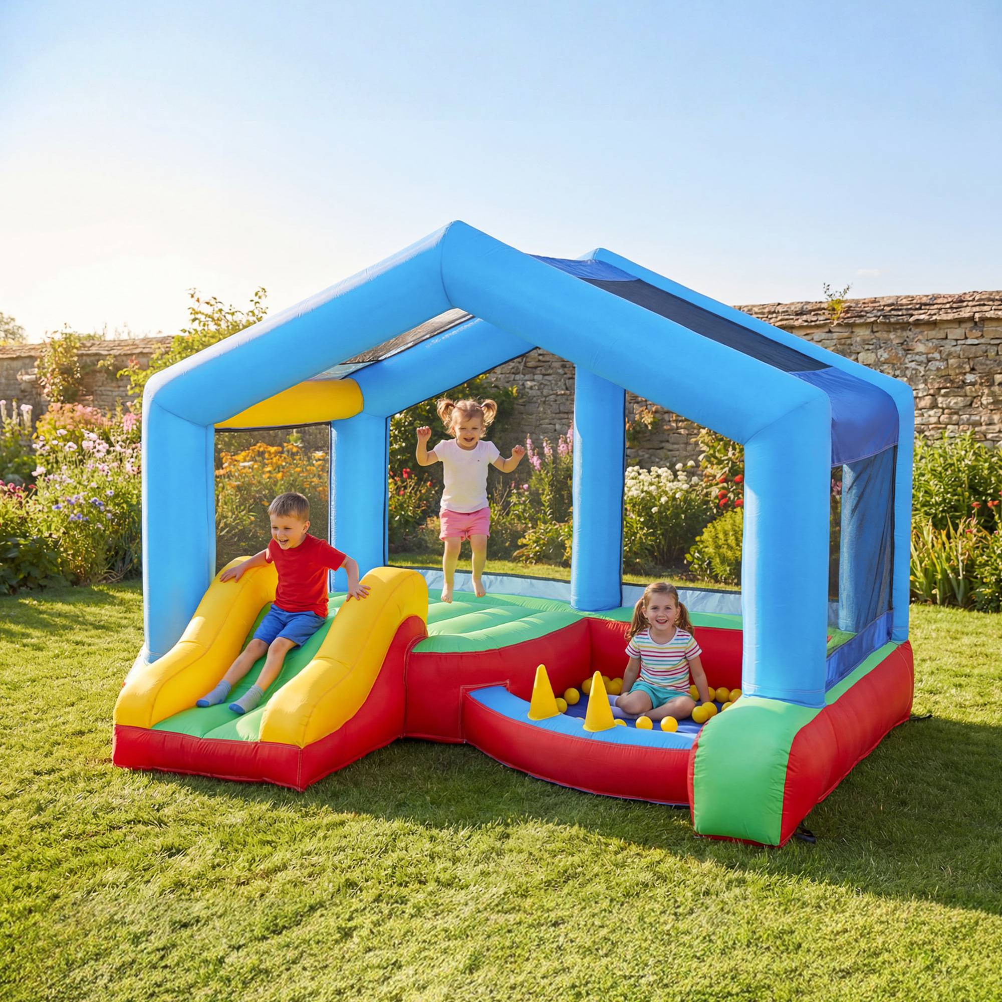 Château gonflable 4 en 1, aire de jeux avec souffleur, toboggan, piscine à balles, jeu de lancer d'anneaux, multicolore - Image 2