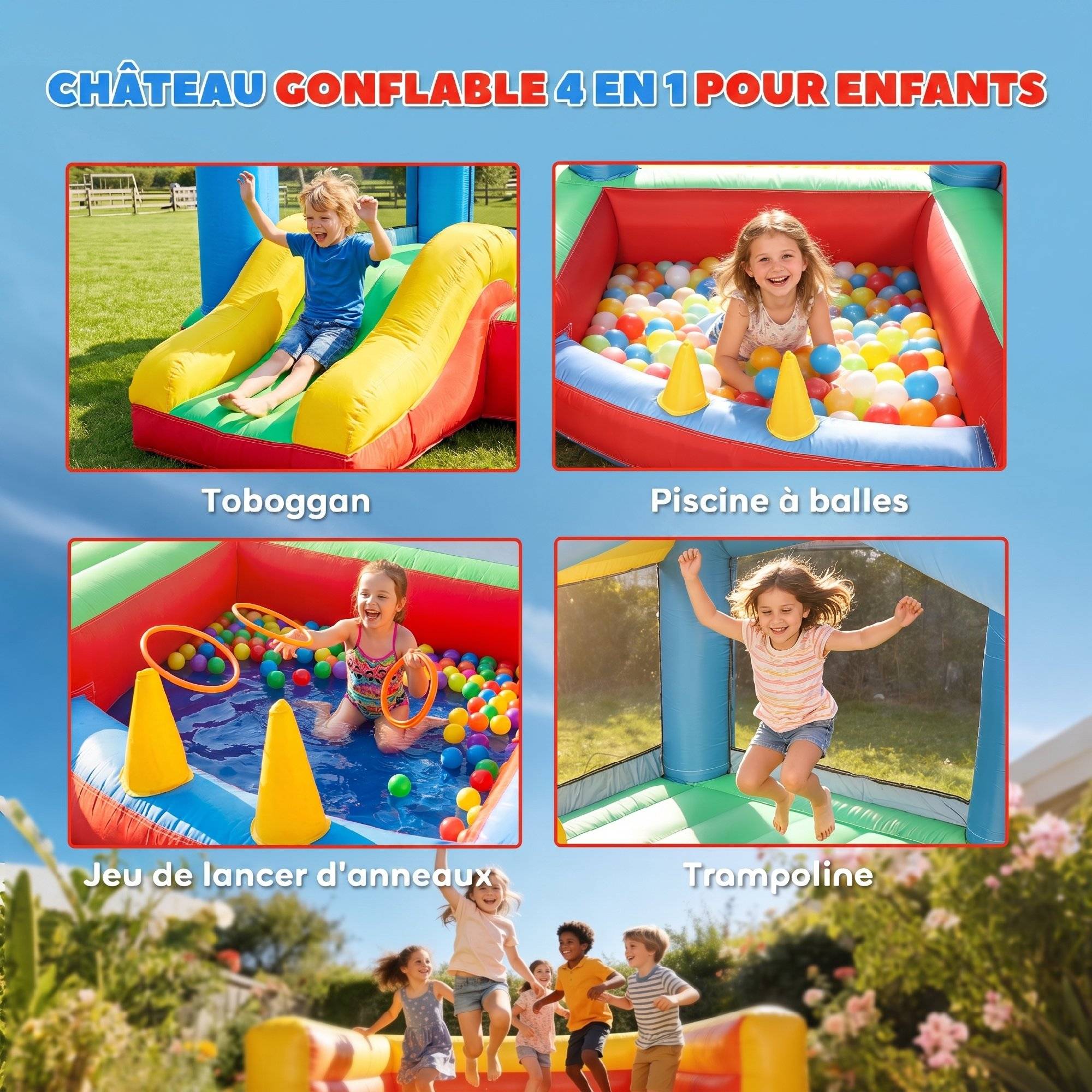 Château gonflable 4 en 1, aire de jeux avec souffleur, toboggan, piscine à balles, jeu de lancer d'anneaux, multicolore - Image 4