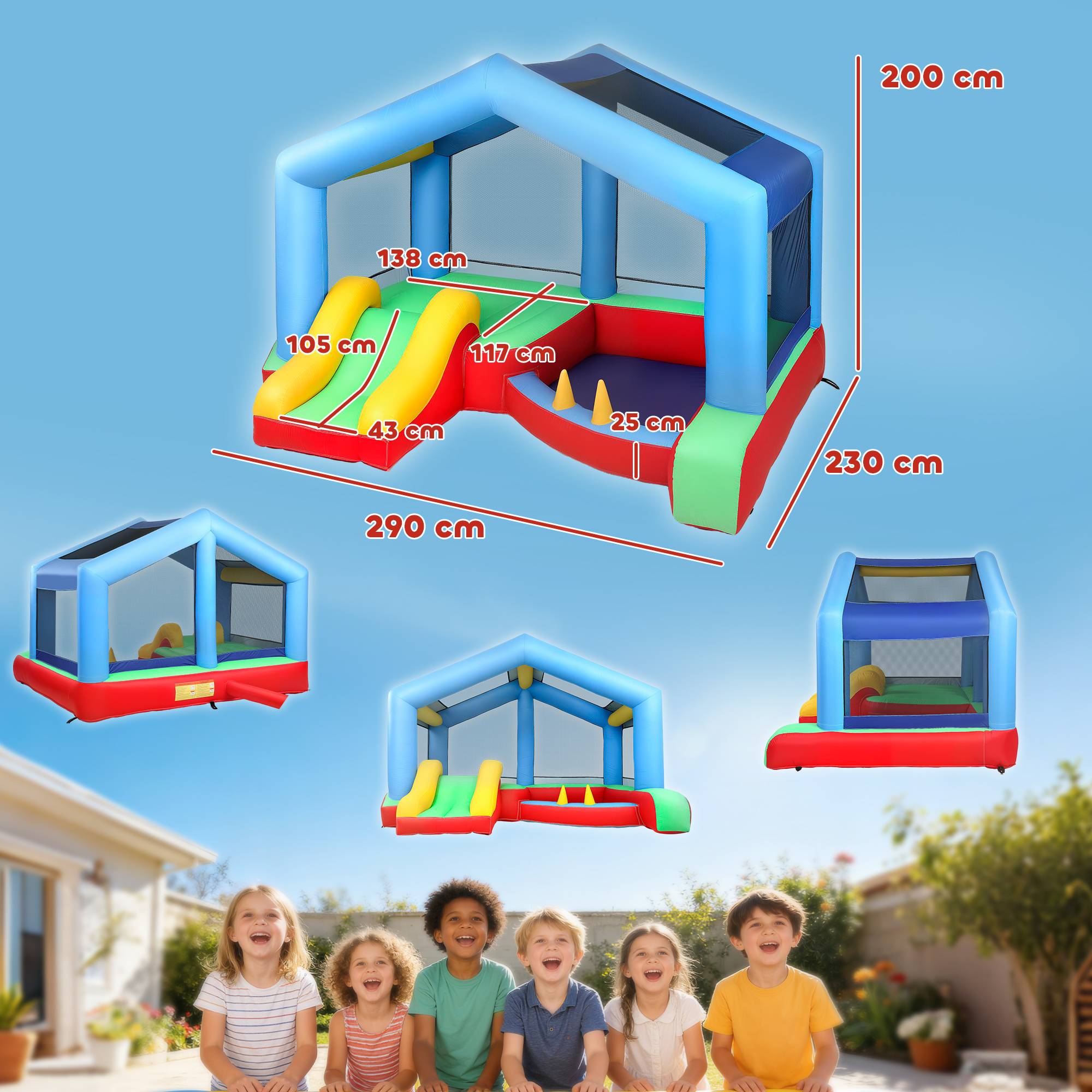 Château gonflable 4 en 1, aire de jeux avec souffleur, toboggan, piscine à balles, jeu de lancer d'anneaux, multicolore - Image 3