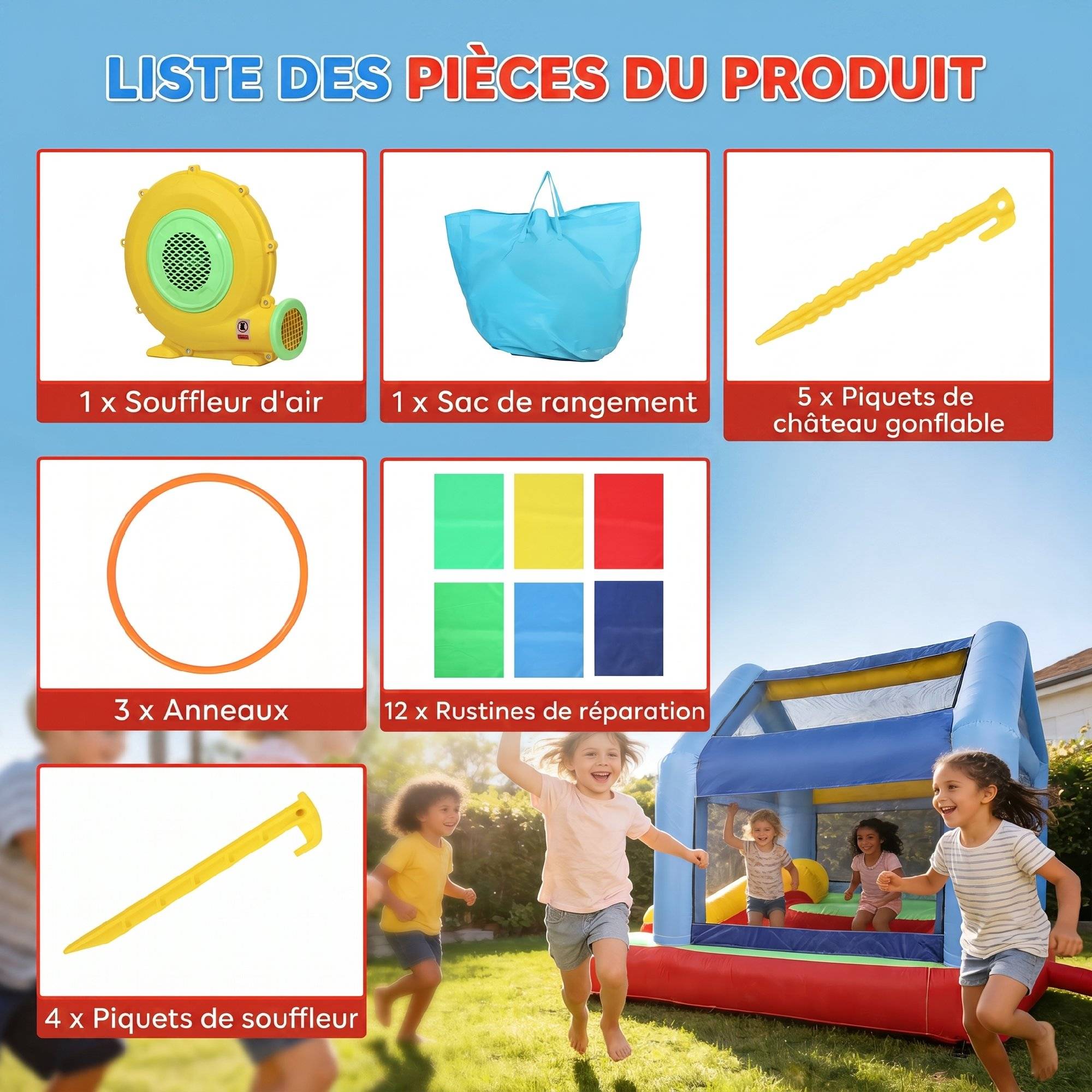 Château gonflable 4 en 1, aire de jeux avec souffleur, toboggan, piscine à balles, jeu de lancer d'anneaux, multicolore - Image 8