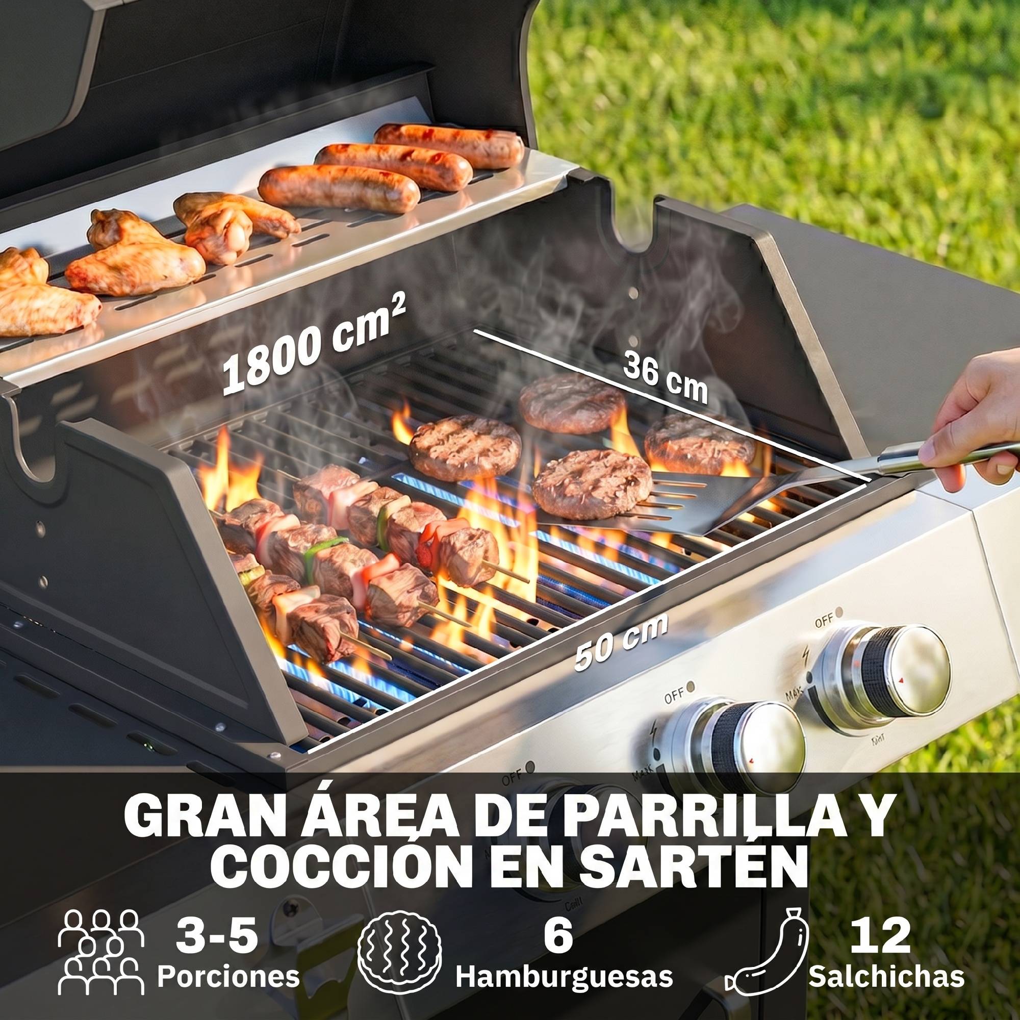 Barbecue à gaz 3 brûleurs 8,1 kW avec thermomètre, grilles, tablettes latérales, meuble de rangement et roulettes 109 x 50 x 109 cm Noir - Image 6