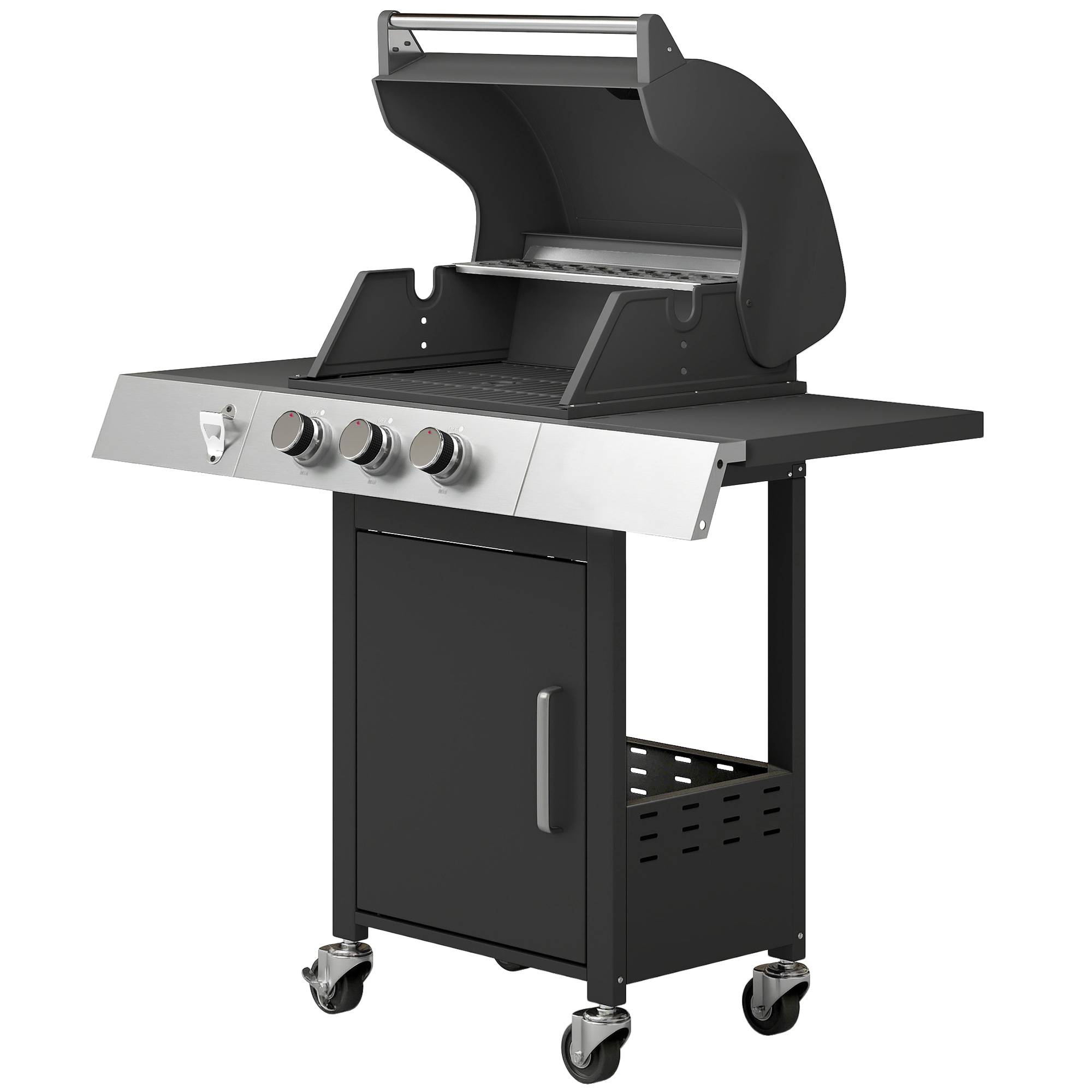 Barbecue à gaz 3 brûleurs 8,1 kW avec thermomètre, grilles, tablettes latérales, meuble de rangement et roulettes 109 x 50 x 109 cm Noir - Image 2