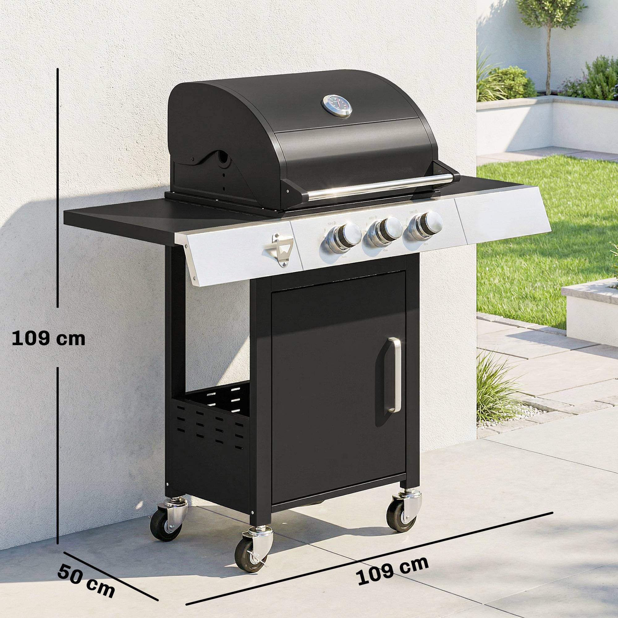 Barbecue à gaz 3 brûleurs 8,1 kW avec thermomètre, grilles, tablettes latérales, meuble de rangement et roulettes 109 x 50 x 109 cm Noir - Image 5