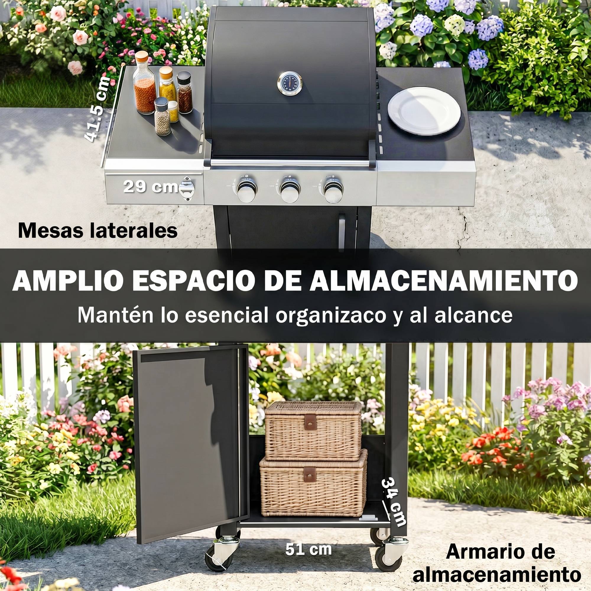 Barbecue à gaz 3 brûleurs 8,1 kW avec thermomètre, grilles, tablettes latérales, meuble de rangement et roulettes 109 x 50 x 109 cm Noir - Image 8