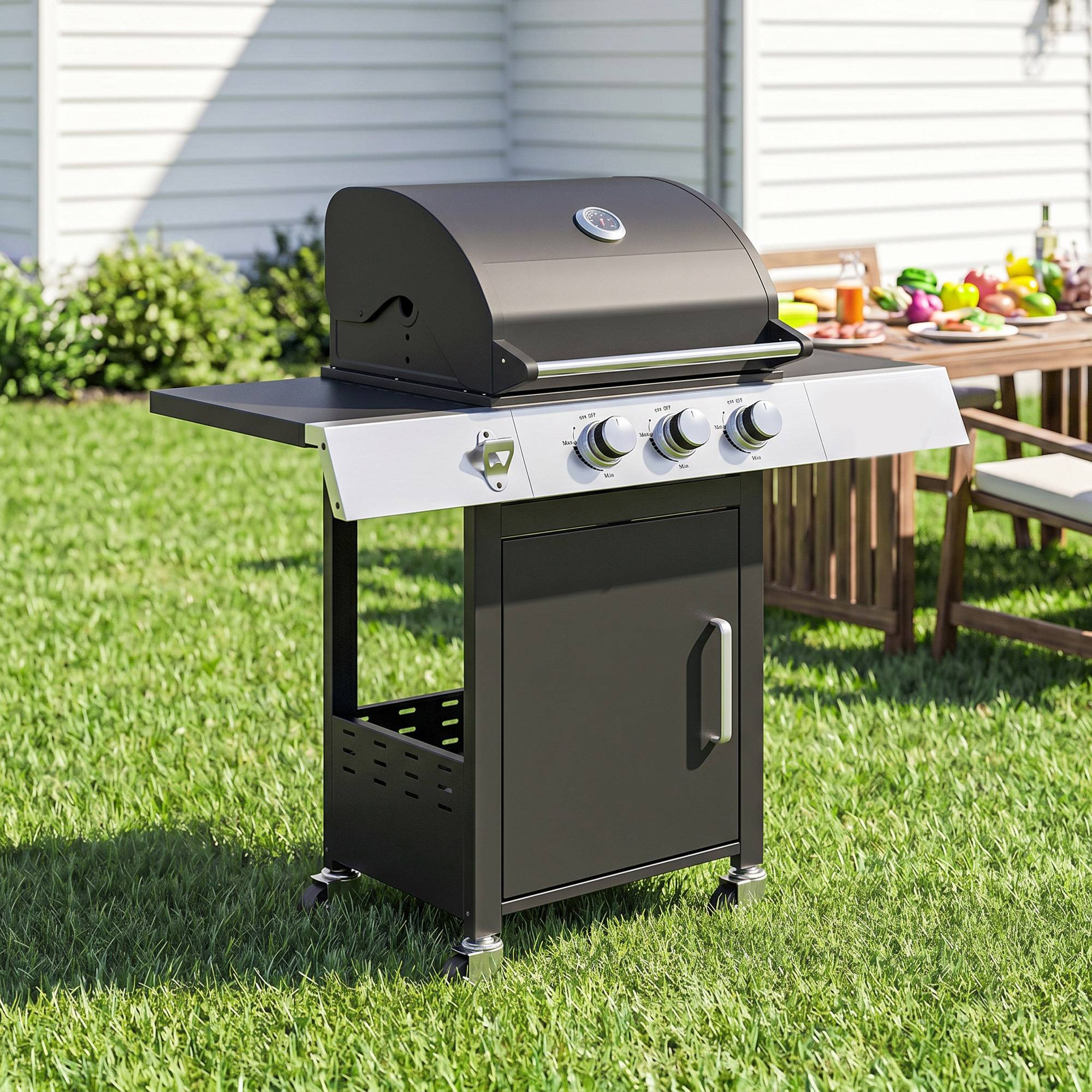Barbecue à gaz 3 brûleurs 8,1 kW avec thermomètre, grilles, tablettes latérales, meuble de rangement et roulettes 109 x 50 x 109 cm Noir - Image 10