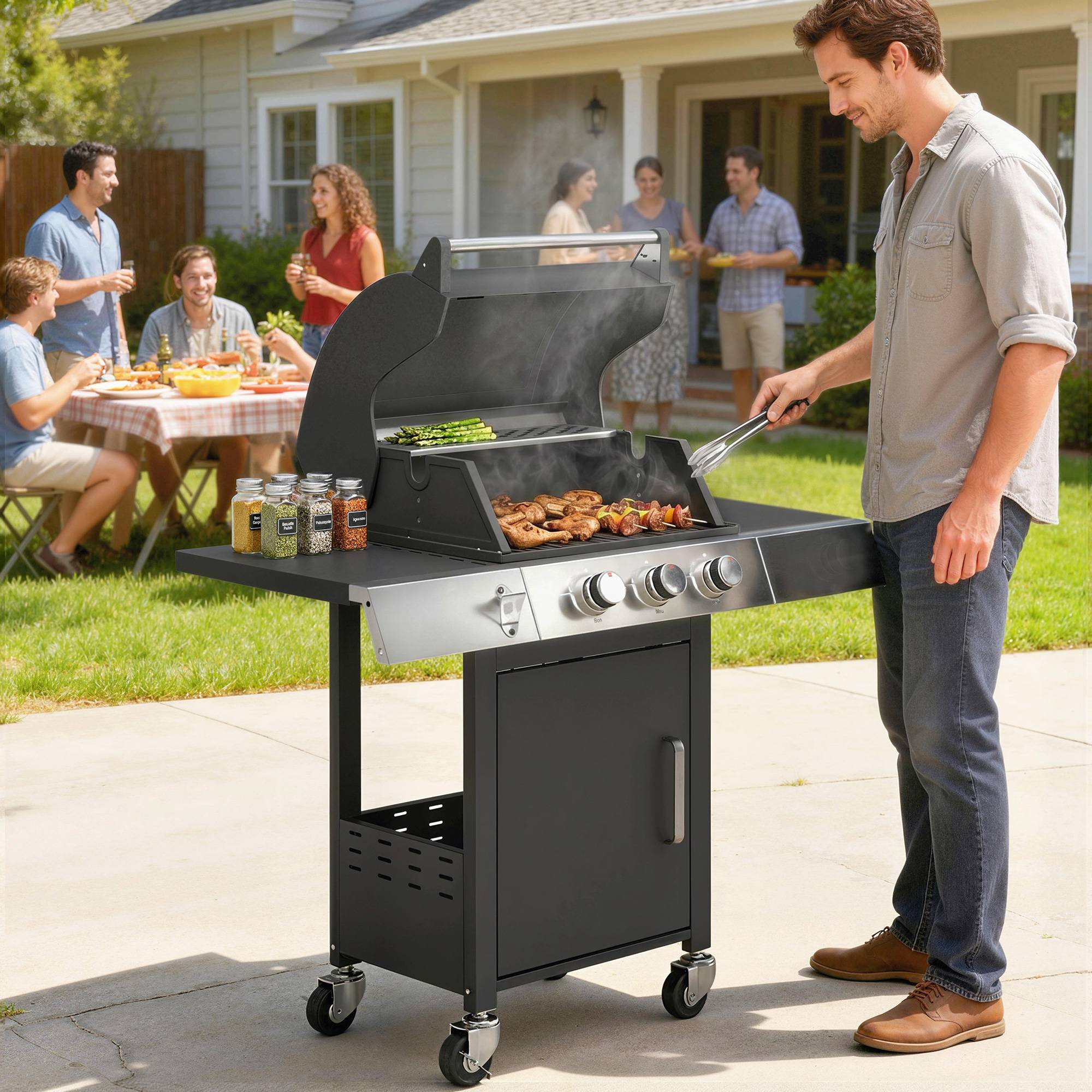 Barbecue à gaz 3 brûleurs 8,1 kW avec thermomètre, grilles, tablettes latérales, meuble de rangement et roulettes 109 x 50 x 109 cm Noir - Image 4