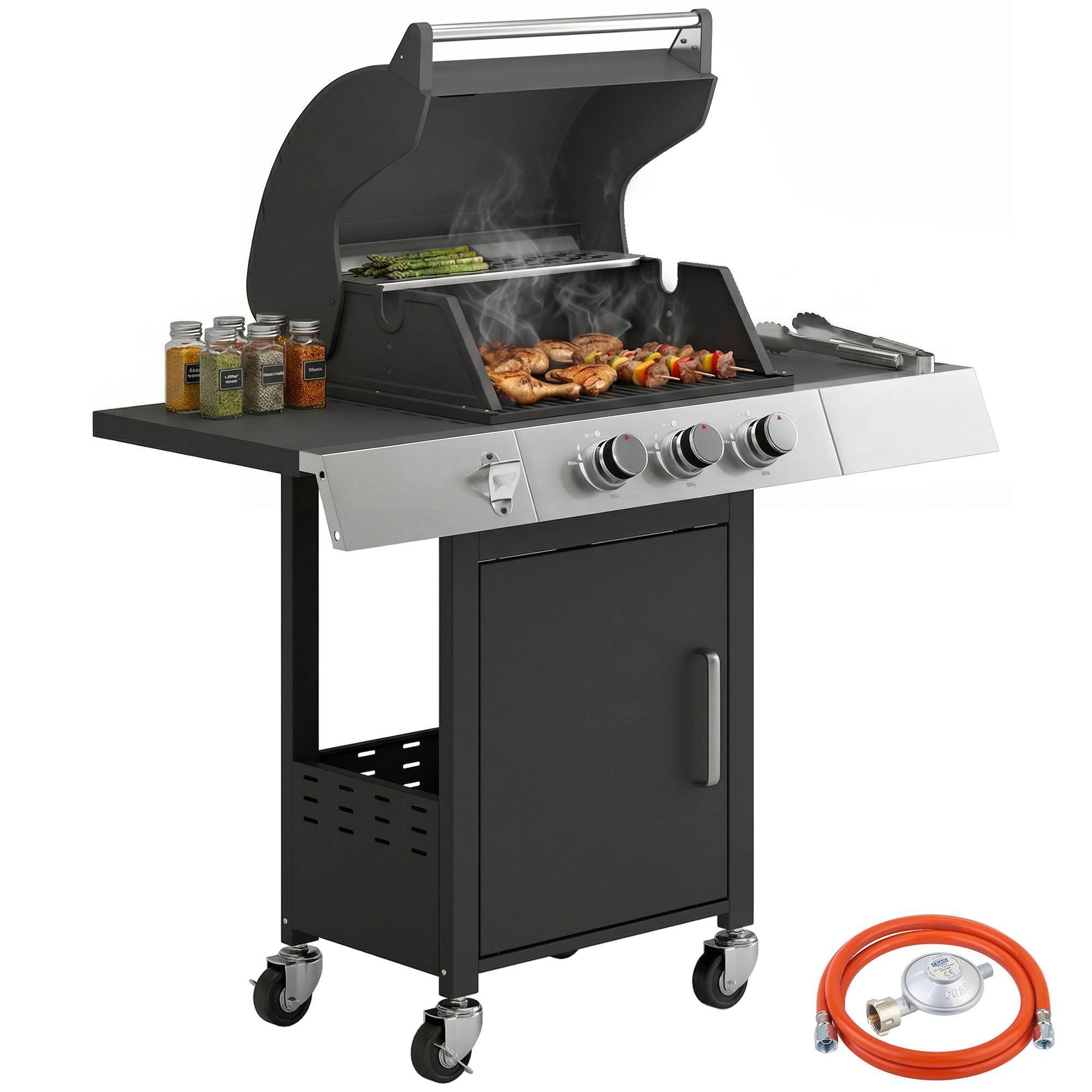 Barbecue à gaz 3 brûleurs 8,1 kW avec thermomètre, grilles, tablettes latérales, meuble de rangement et roulettes 109 x 50 x 109 cm Noir - Image 1