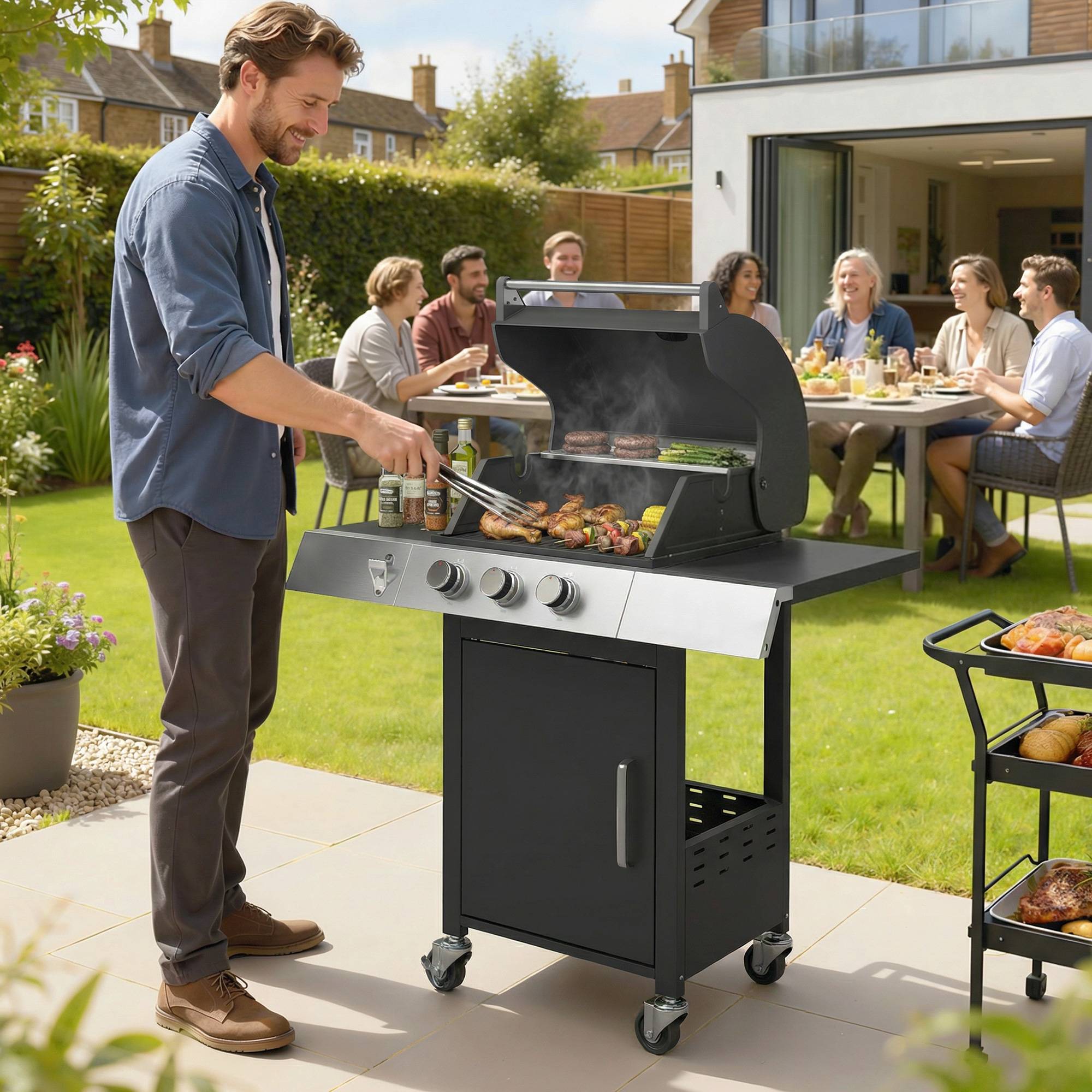 Barbecue à gaz 3 brûleurs 8,1 kW avec thermomètre, grilles, tablettes latérales, meuble de rangement et roulettes 109 x 50 x 109 cm Noir - Image 3