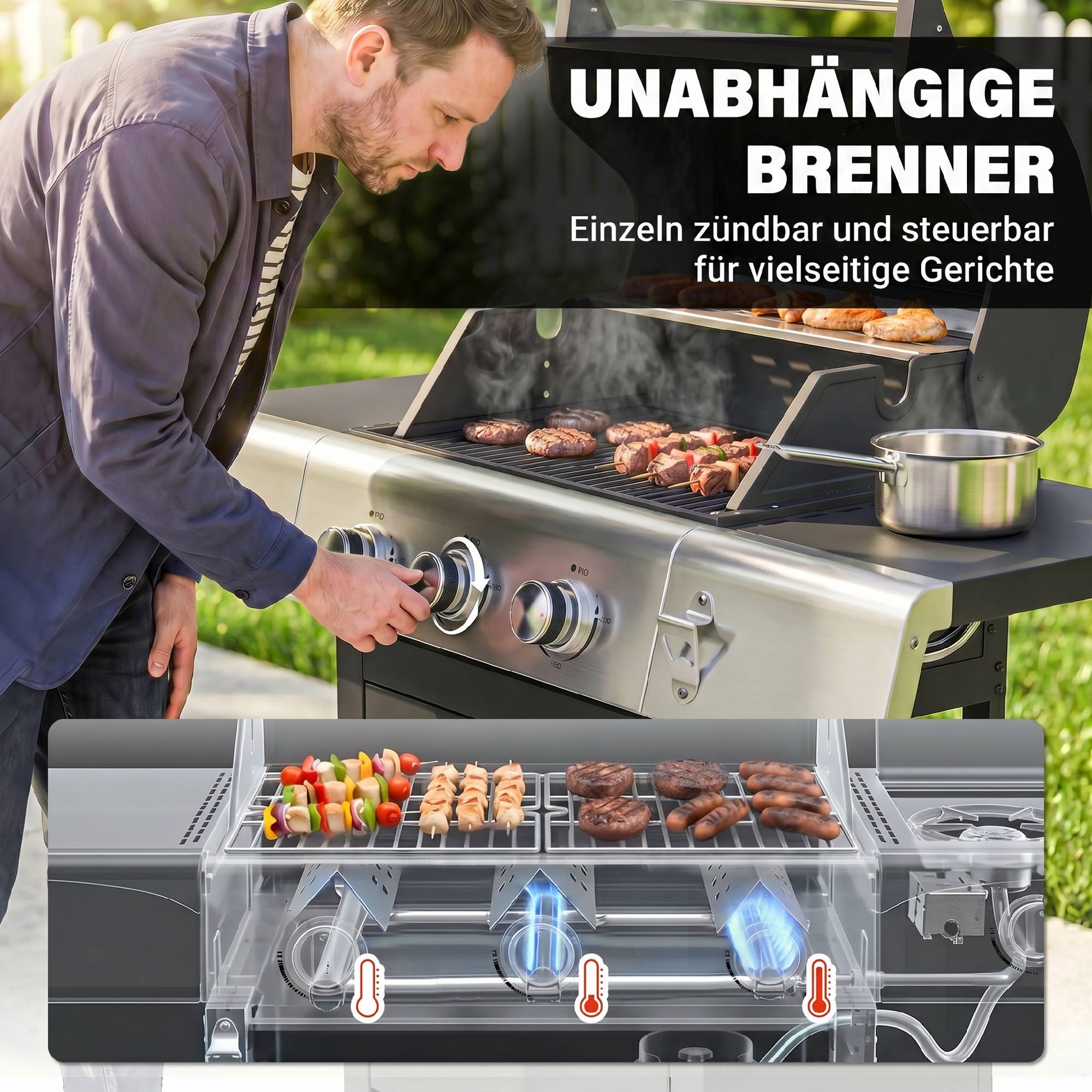 Barbecue à gaz 3 brûleurs 8,1 kW avec thermomètre, grilles, tablettes latérales, meuble de rangement et roulettes 109 x 50 x 109 cm Noir - Image 7
